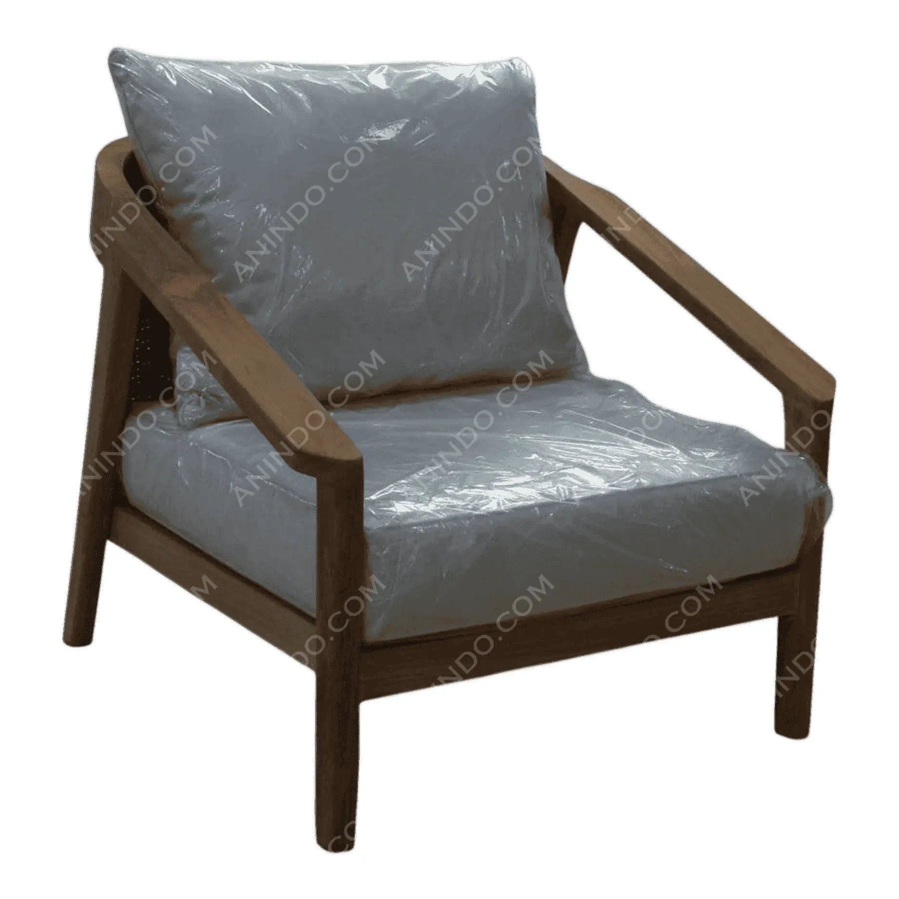 Wooden armchair with white cushions