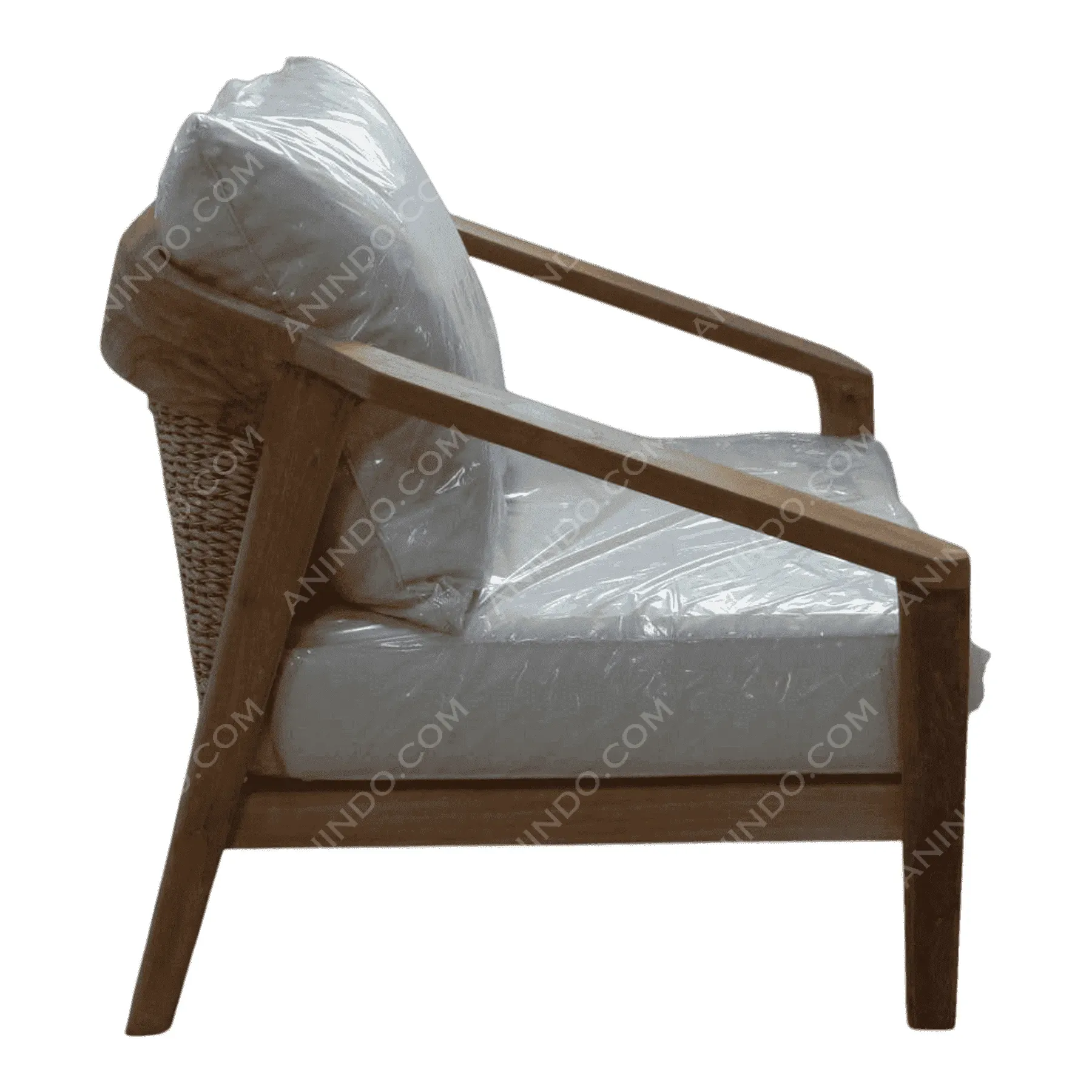 Wooden armchair with white cushions