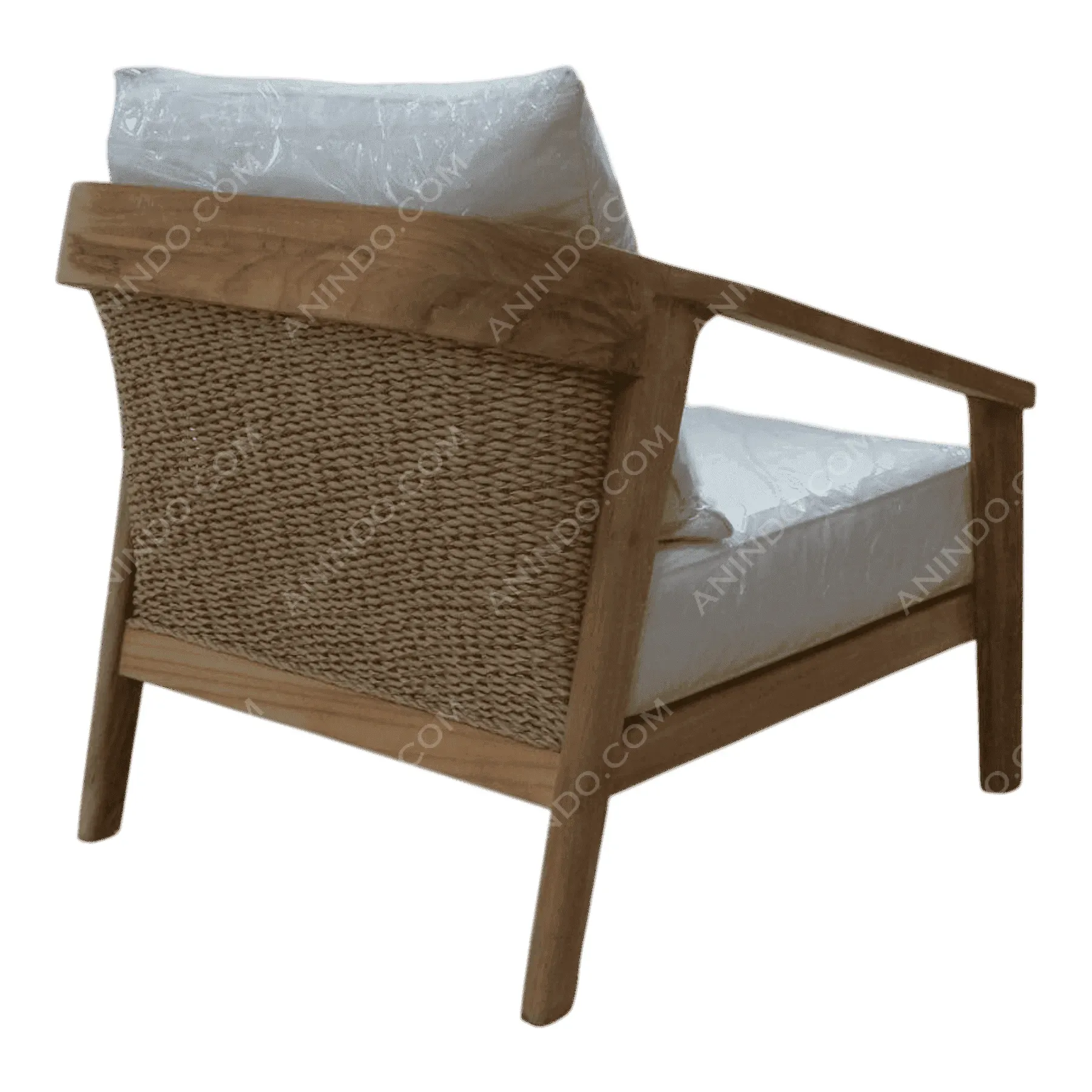 Wooden lounge chair with woven backrest and cushions