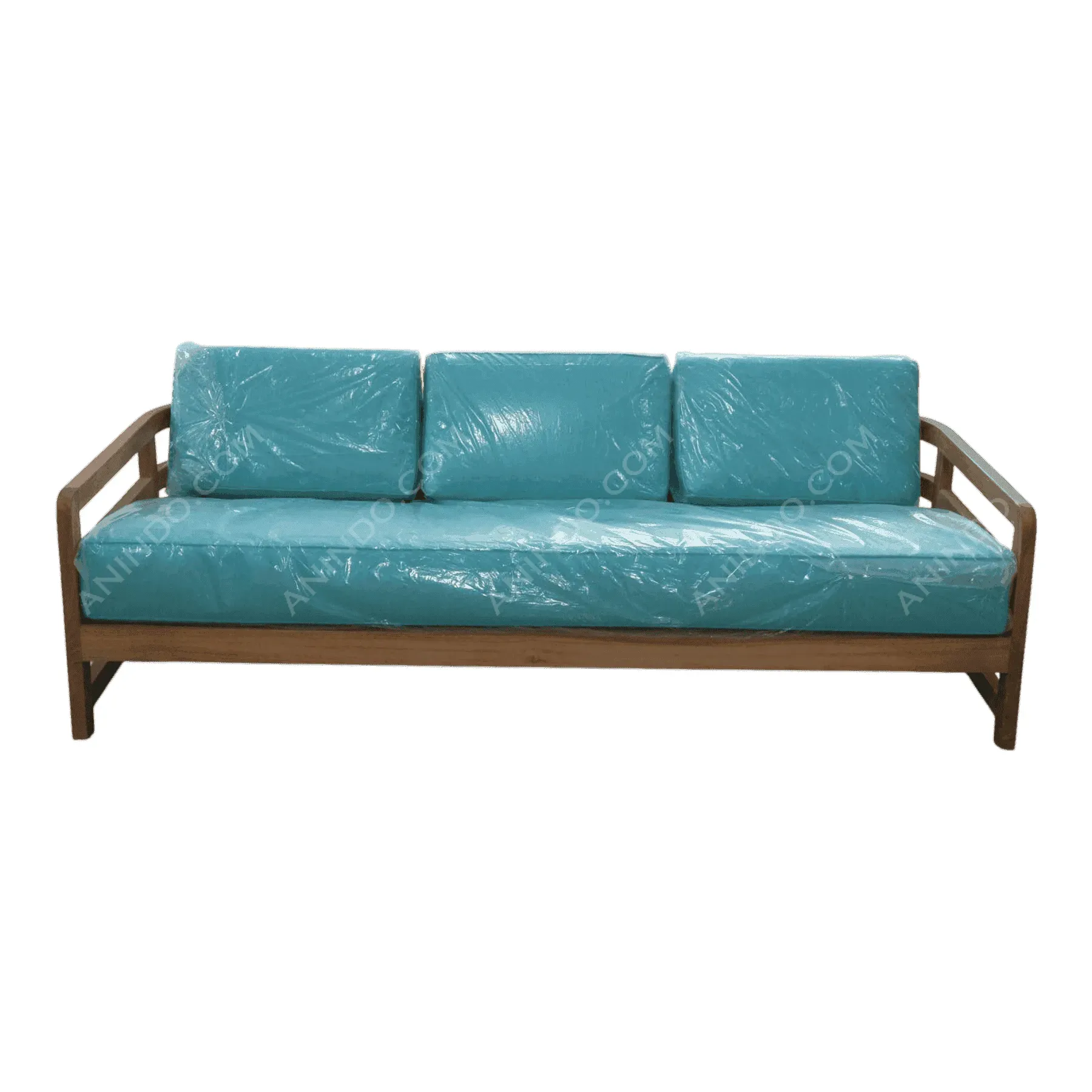 Wooden sofa with blue cushions