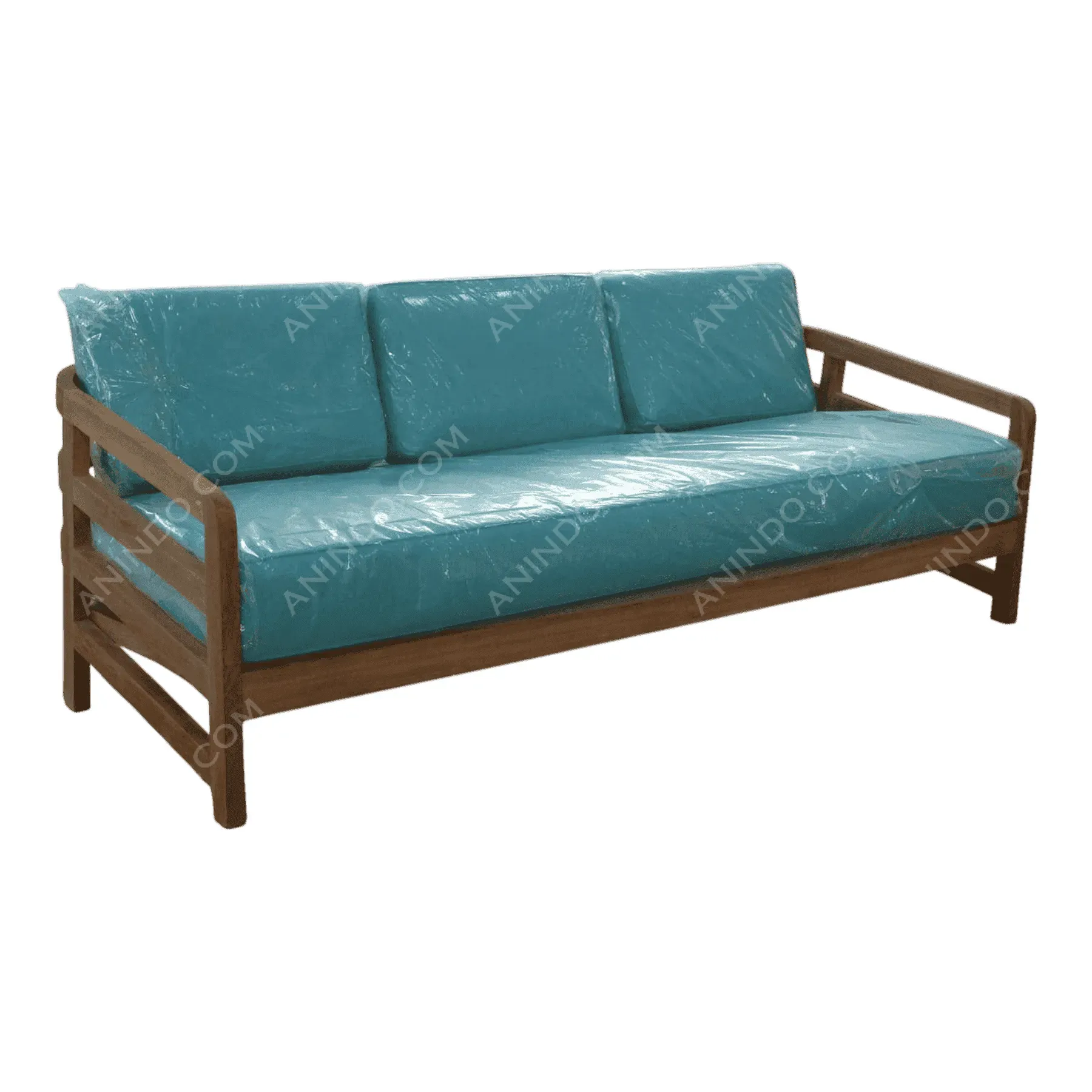 Wooden sofa with blue cushions