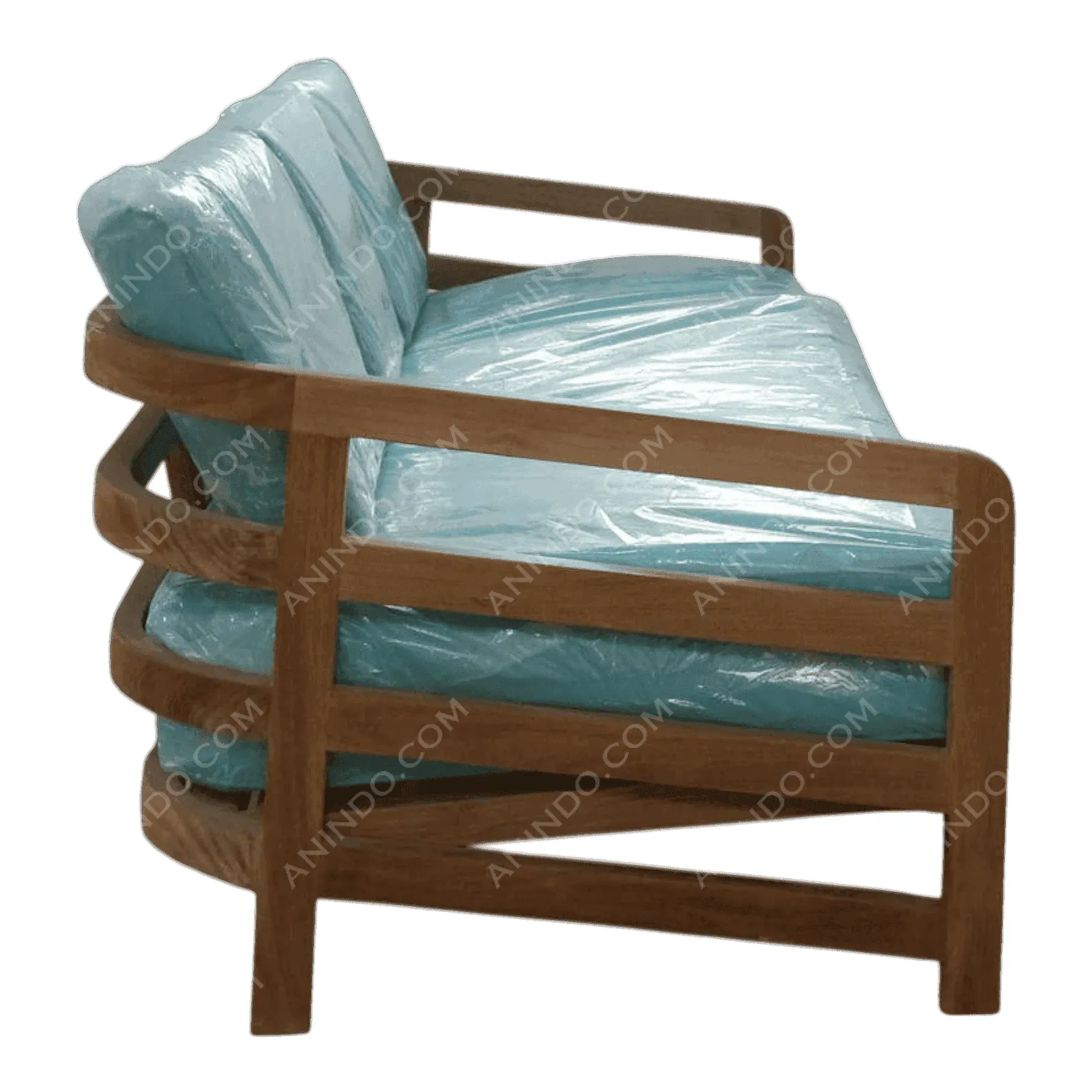 Wooden sofa with blue plastic-wrapped cushions