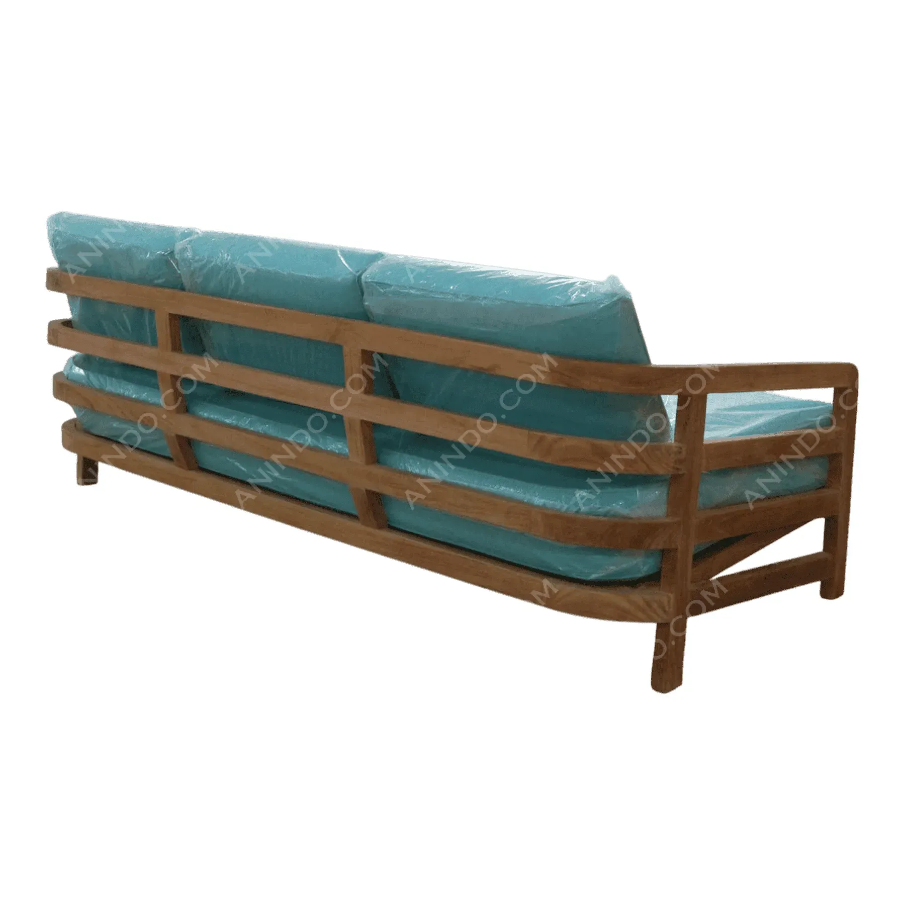 Wooden sofa with blue cushions