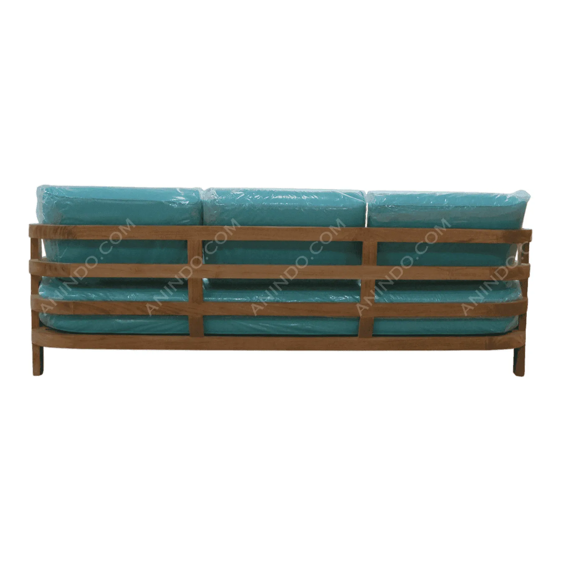 Wooden sofa with blue cushions back view