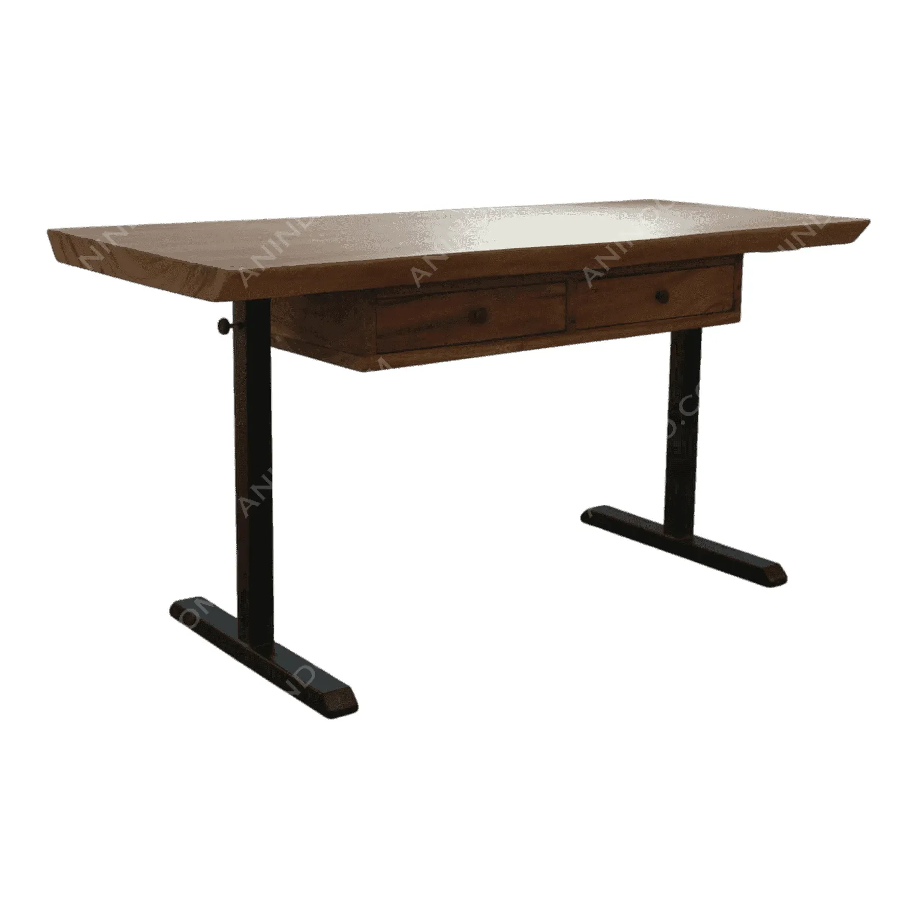 Wooden desk with metal legs and drawers