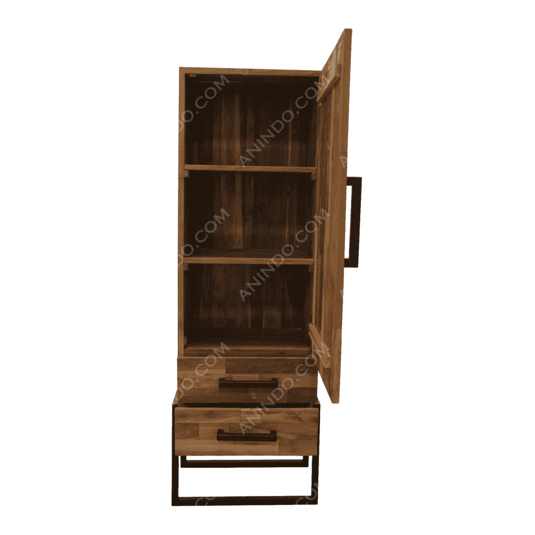 Wooden cabinet with open shelves and drawers