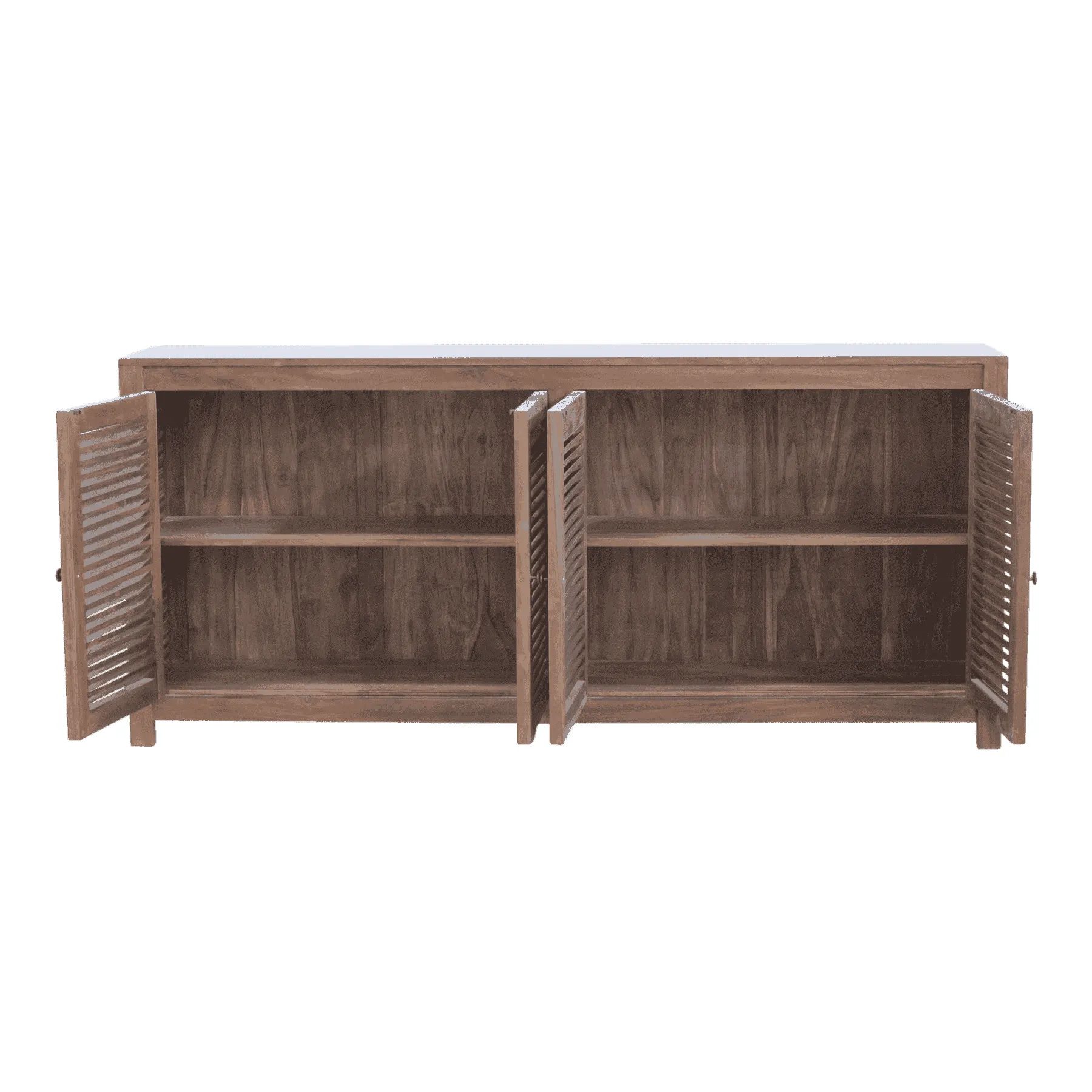 Wooden sideboard cabinet with open doors and shelves