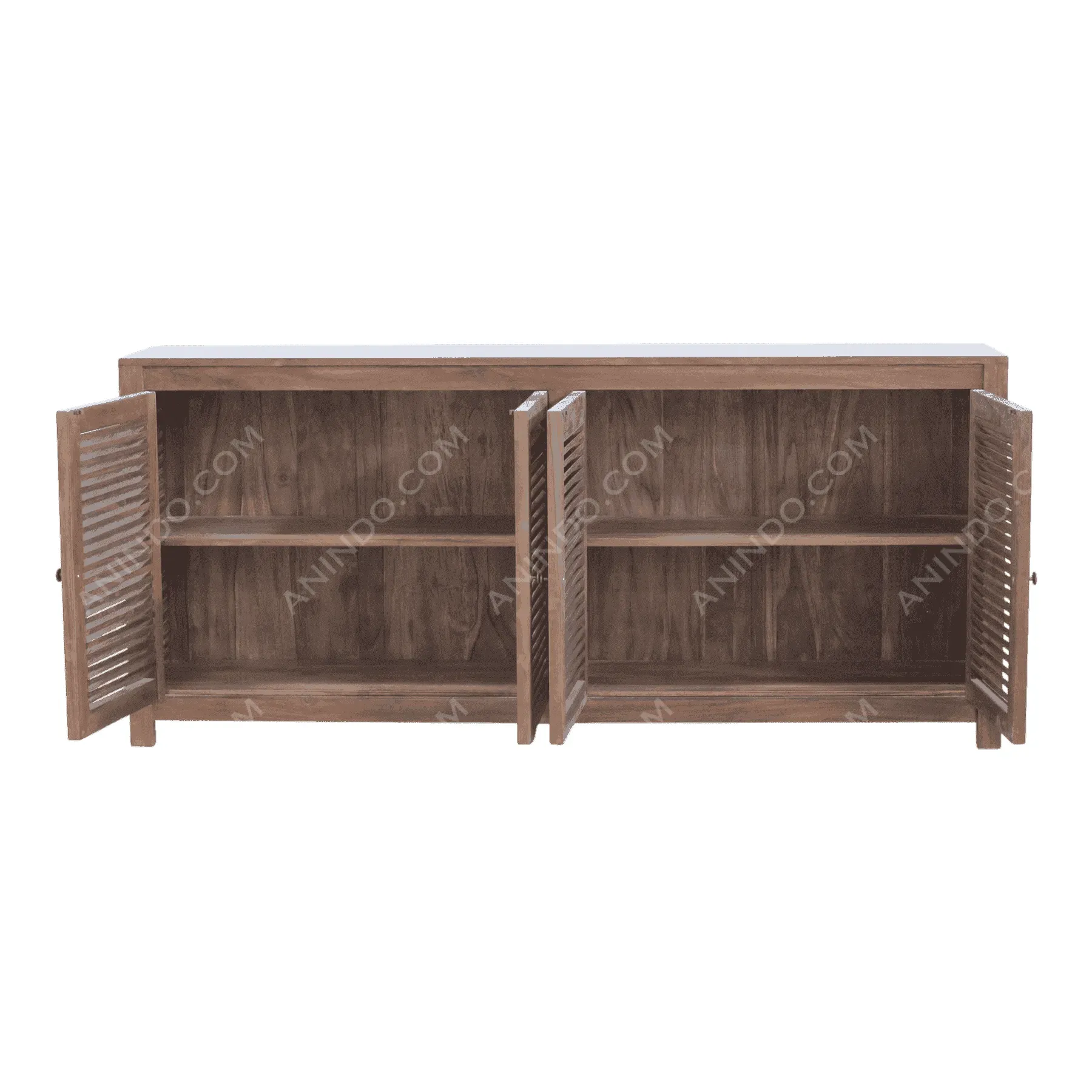 Wooden sideboard cabinet with open doors and shelves