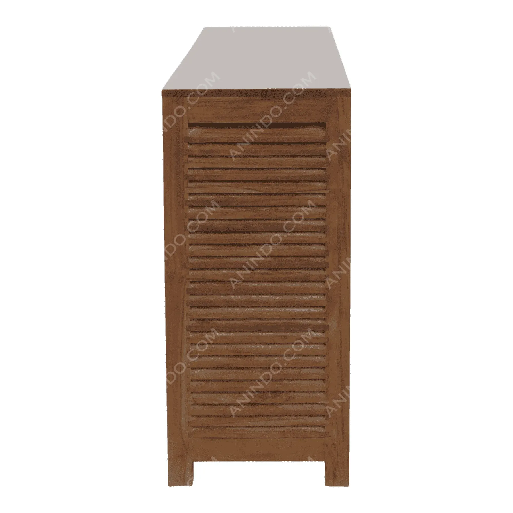 Side view of wooden cabinet with slatted design