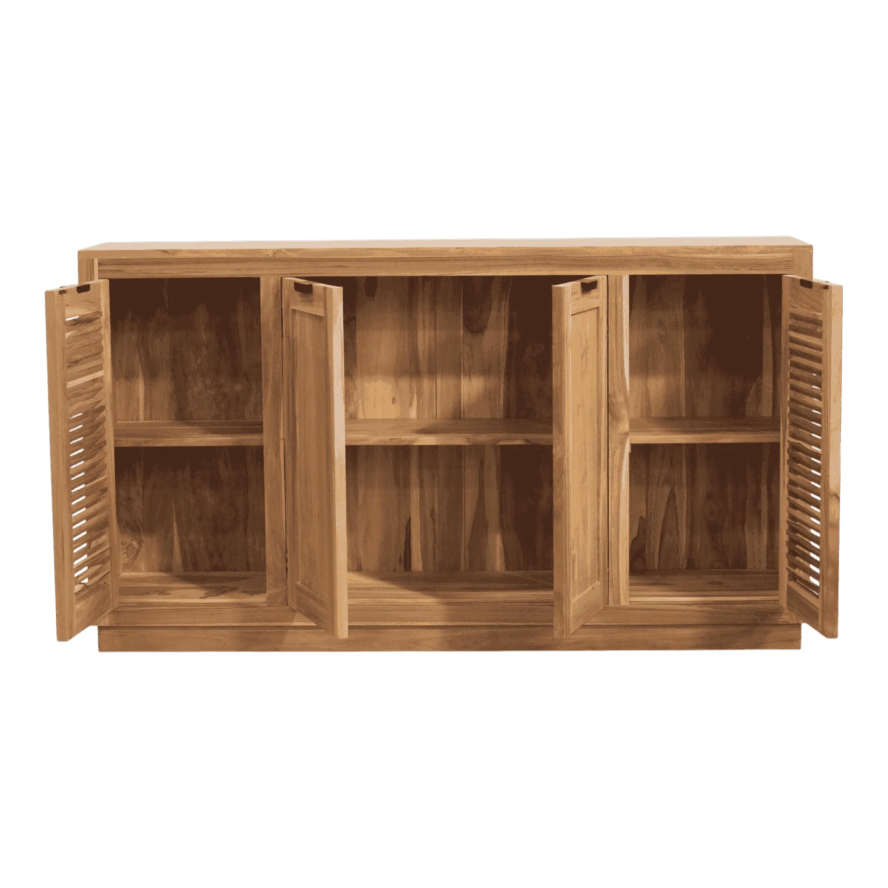 Wooden cabinet with open doors and shelves
