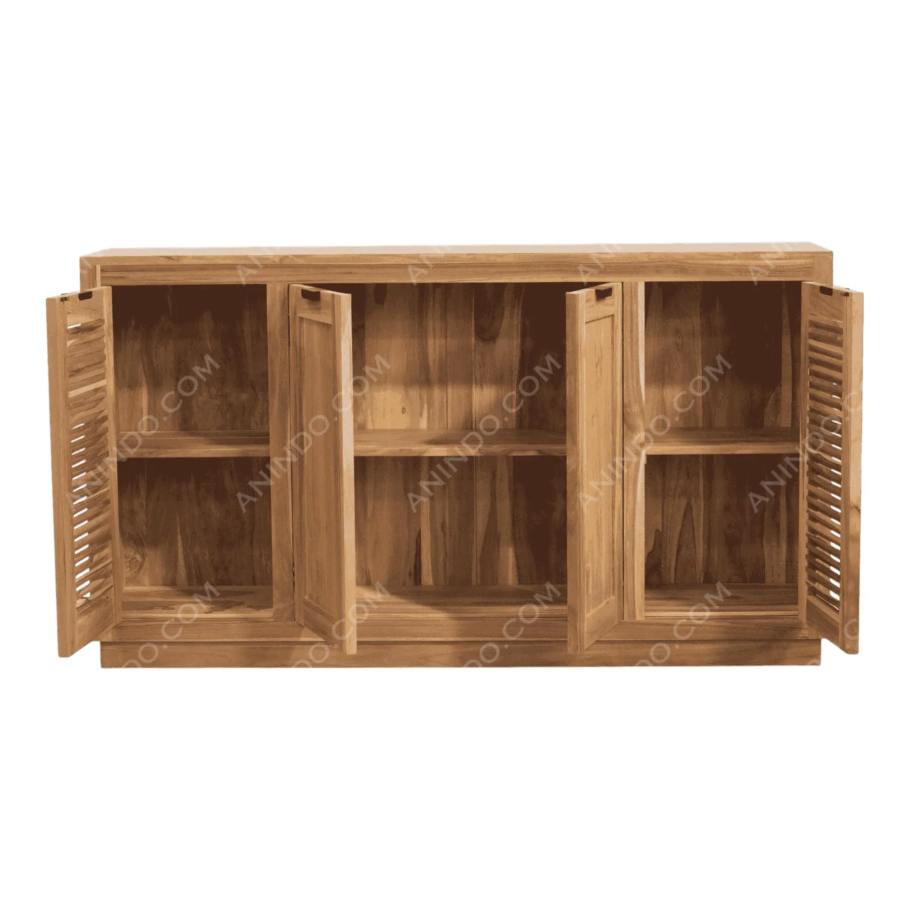 Wooden cabinet with open doors and shelves