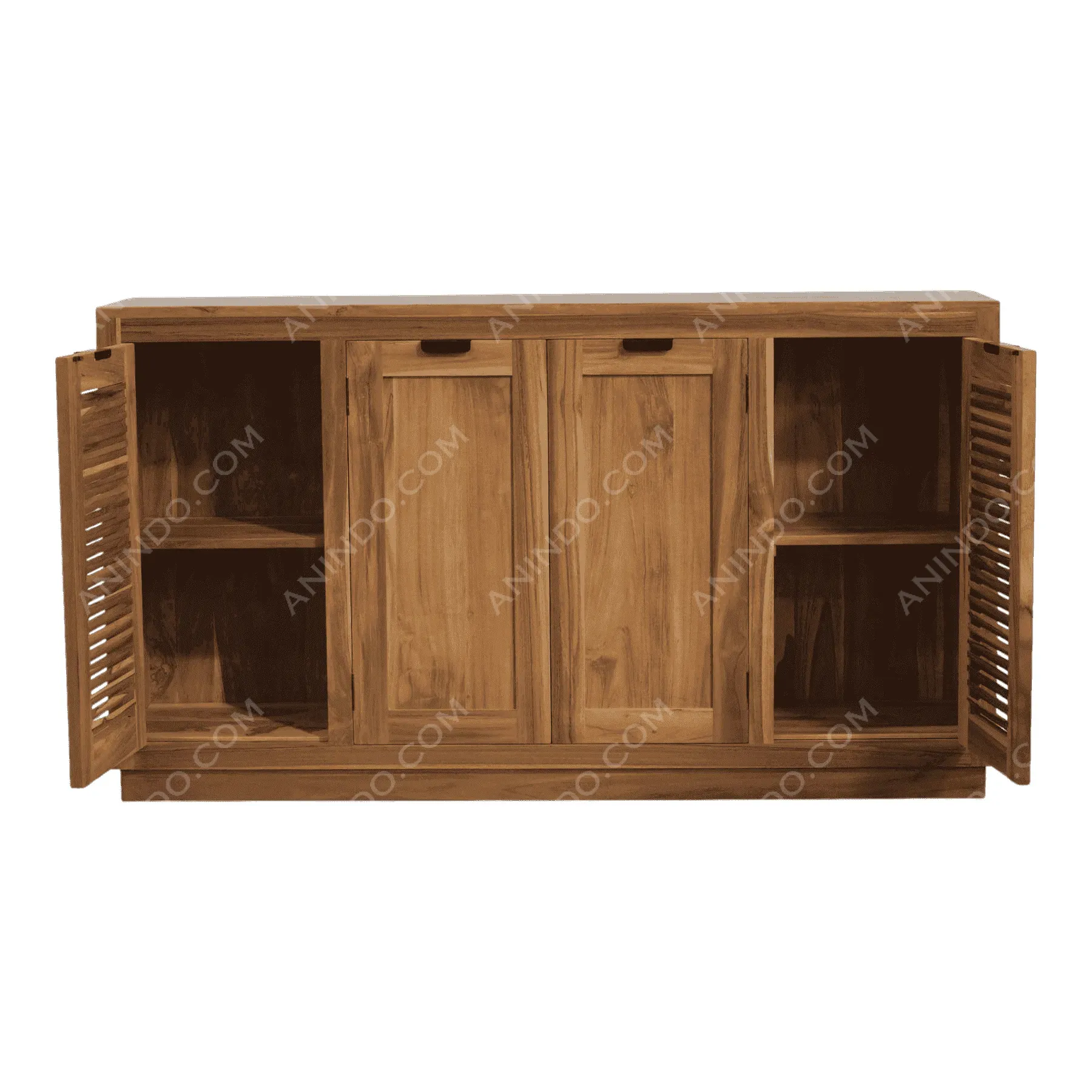 Wooden sideboard cabinet with open doors and shelves