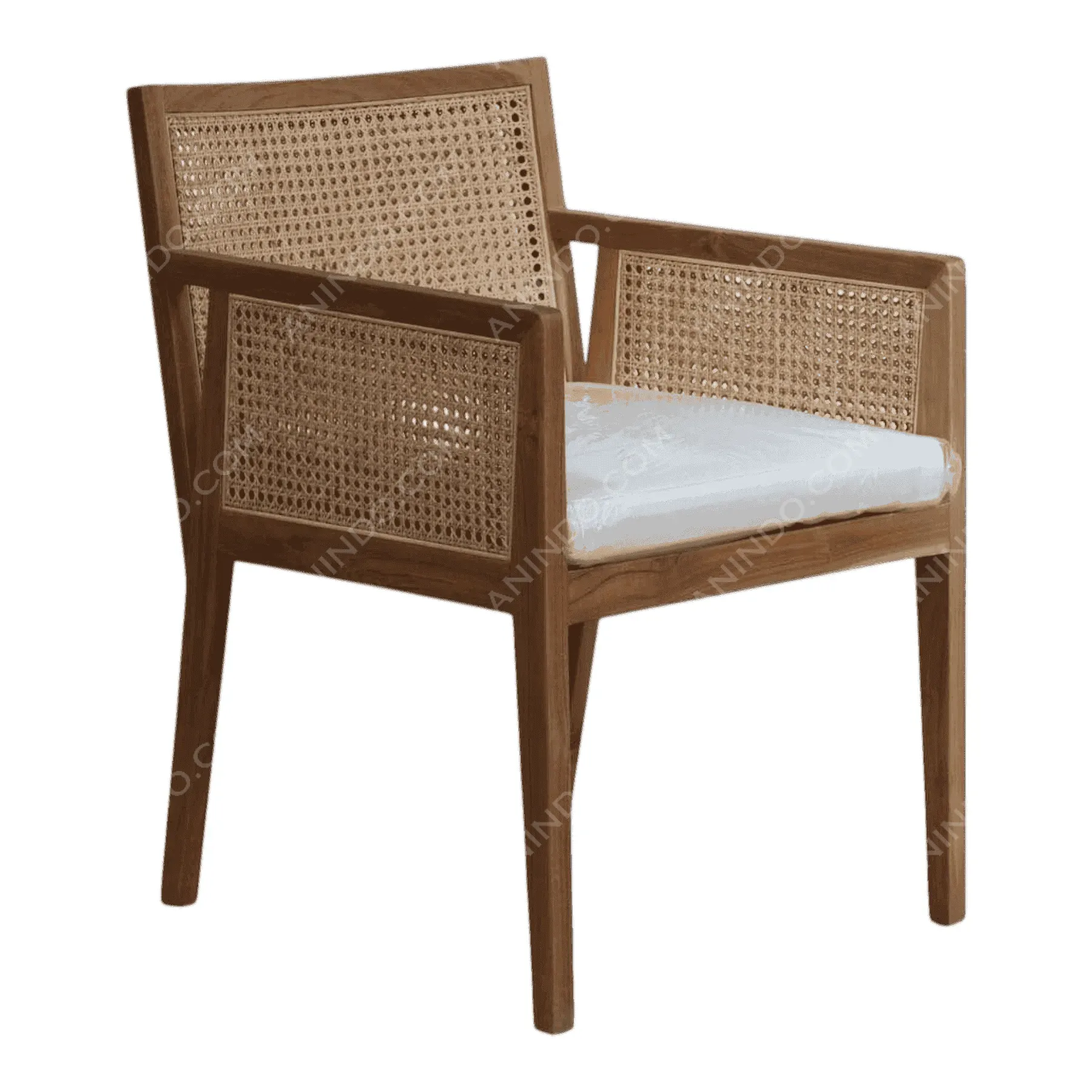 Wooden chair with wicker back and white cushion