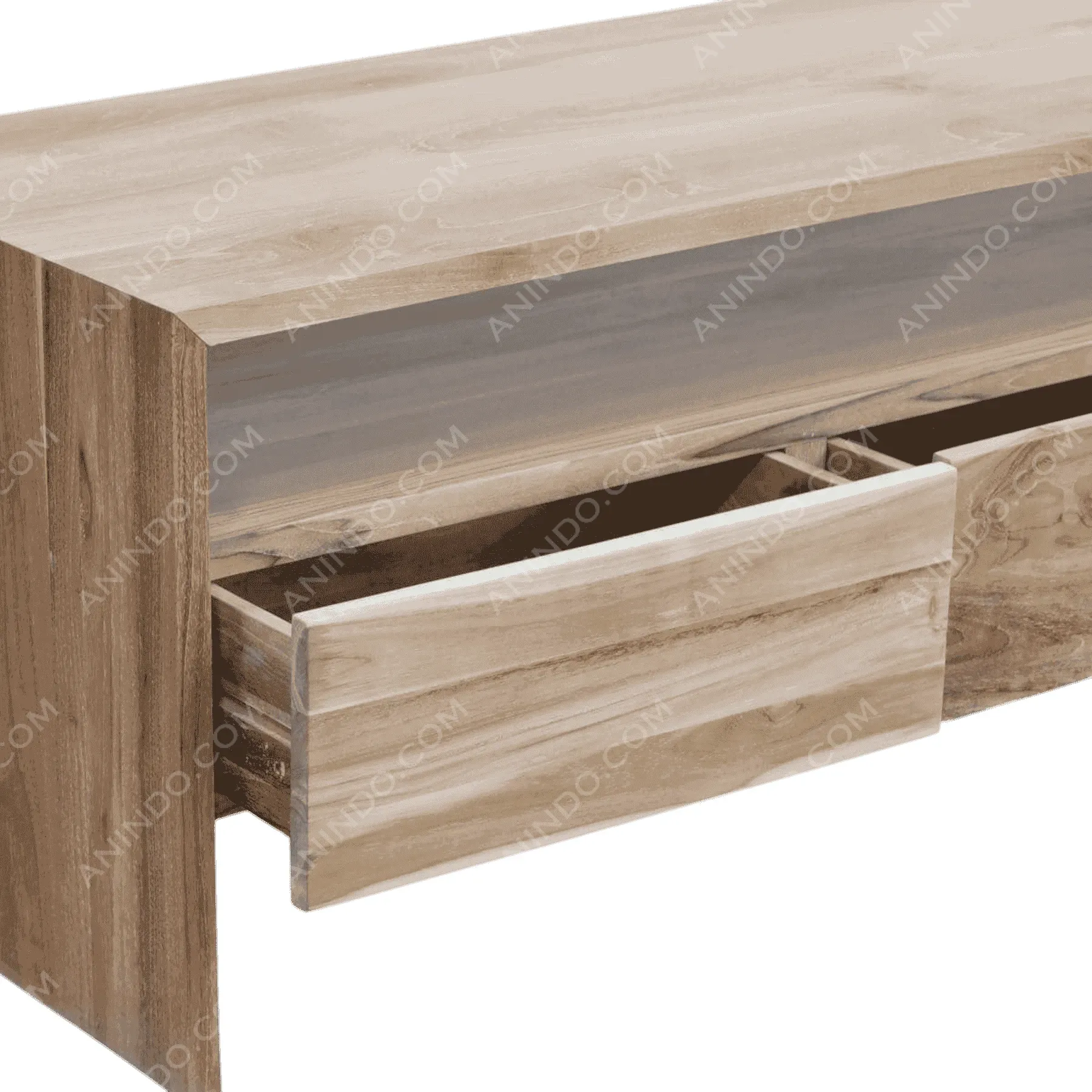 Wooden table with an open drawer