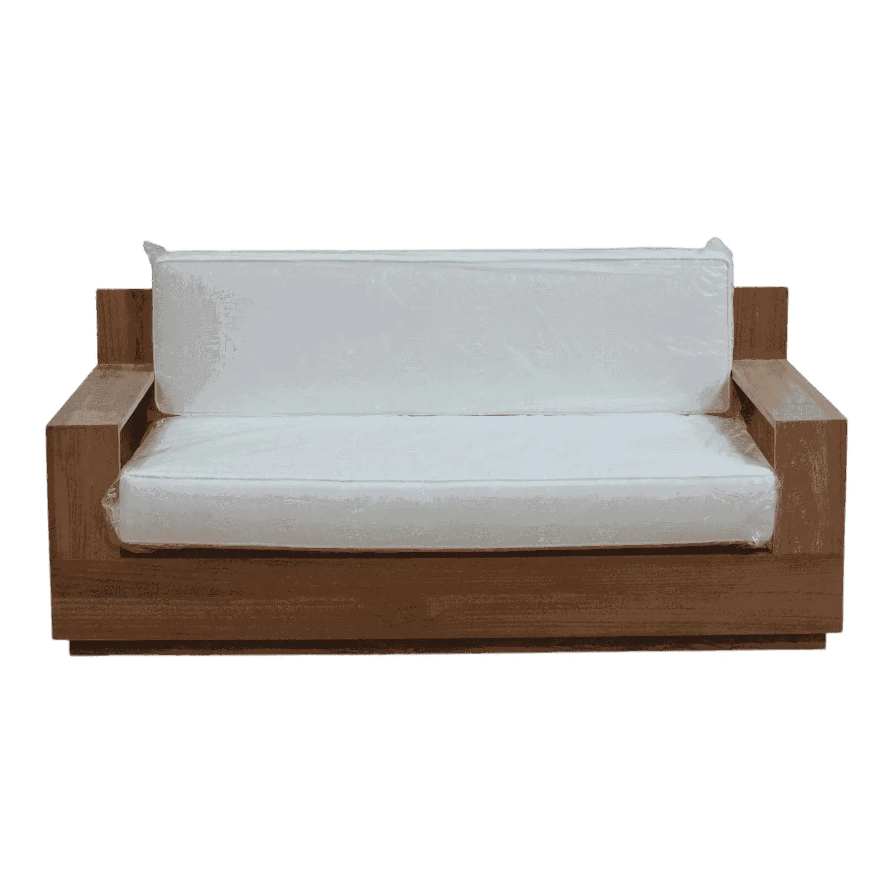 Modern wooden sofa with white cushions