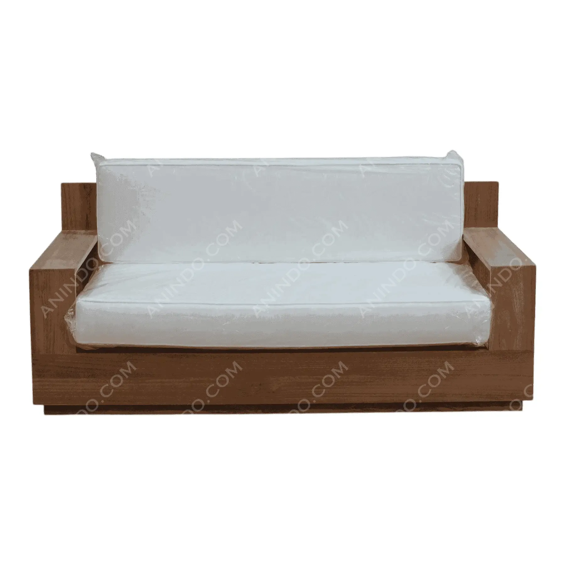 Modern wooden sofa with white cushions