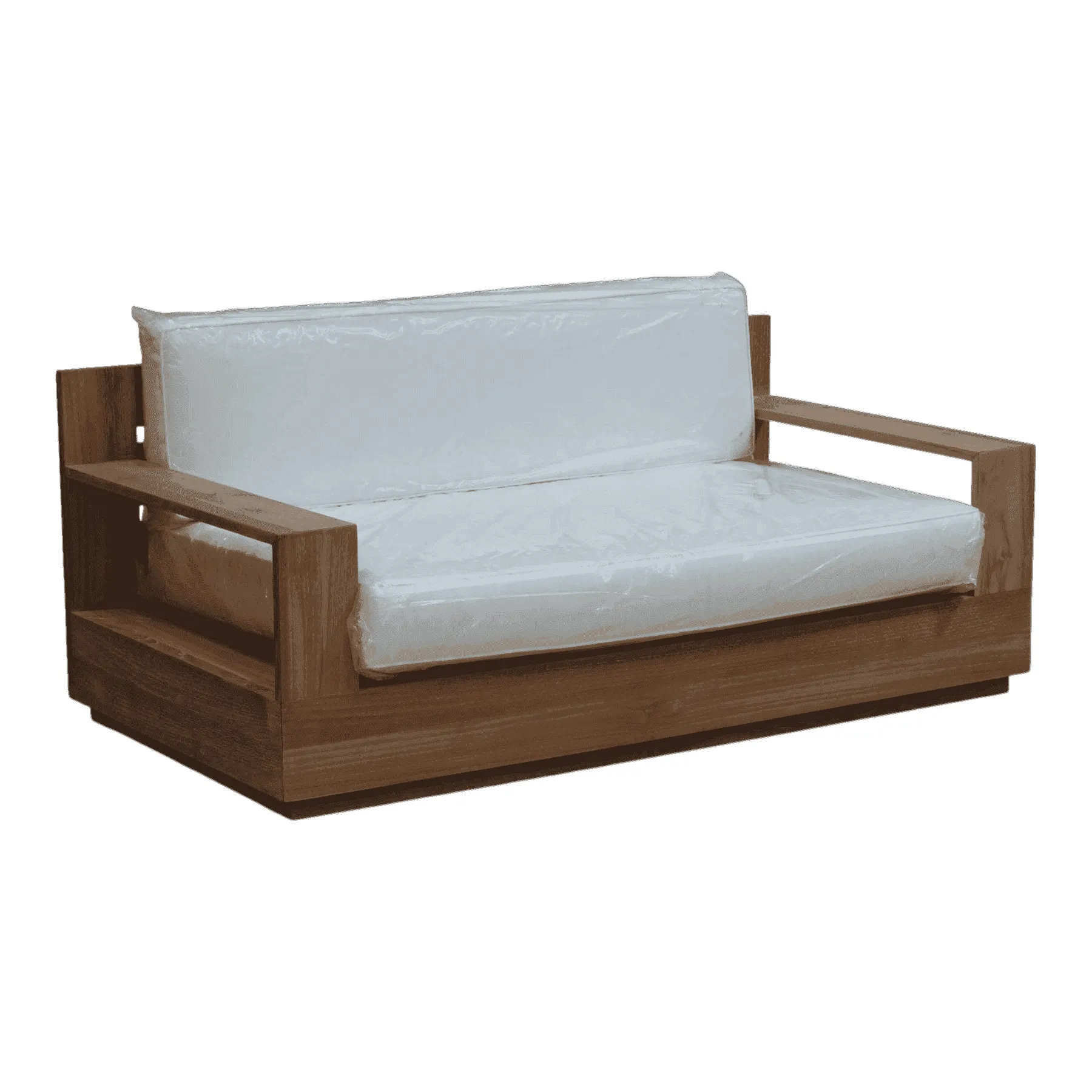Wooden sofa with white cushions