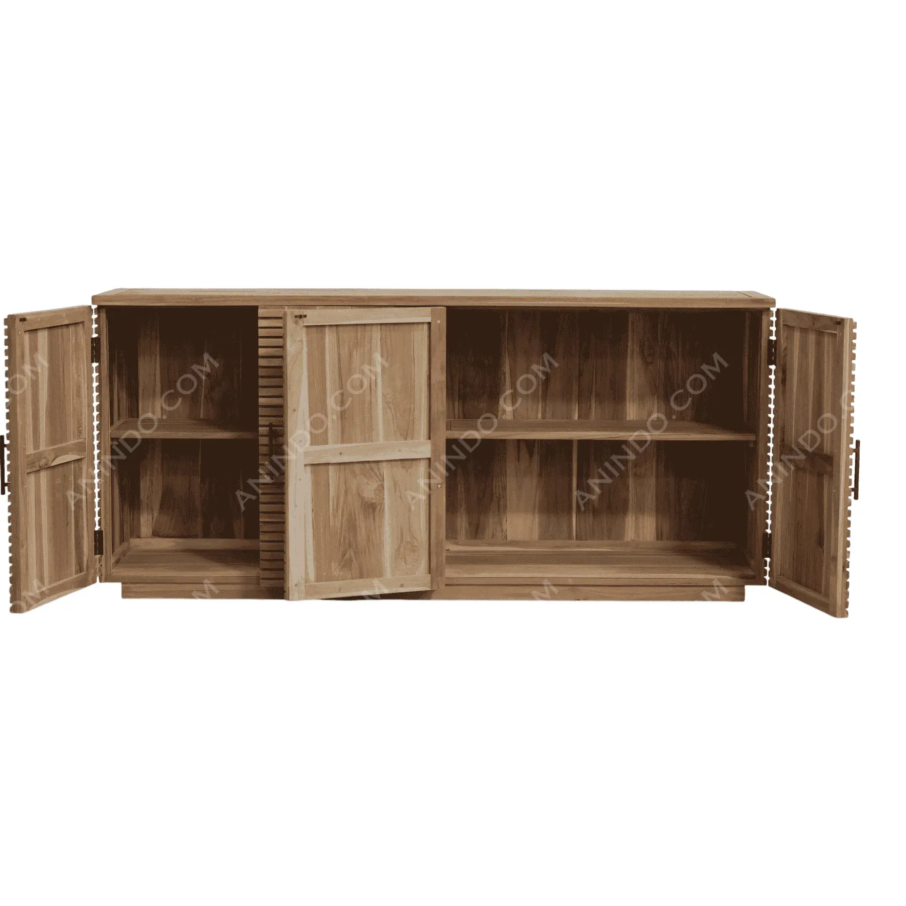 Wooden cabinet with open double doors and shelves