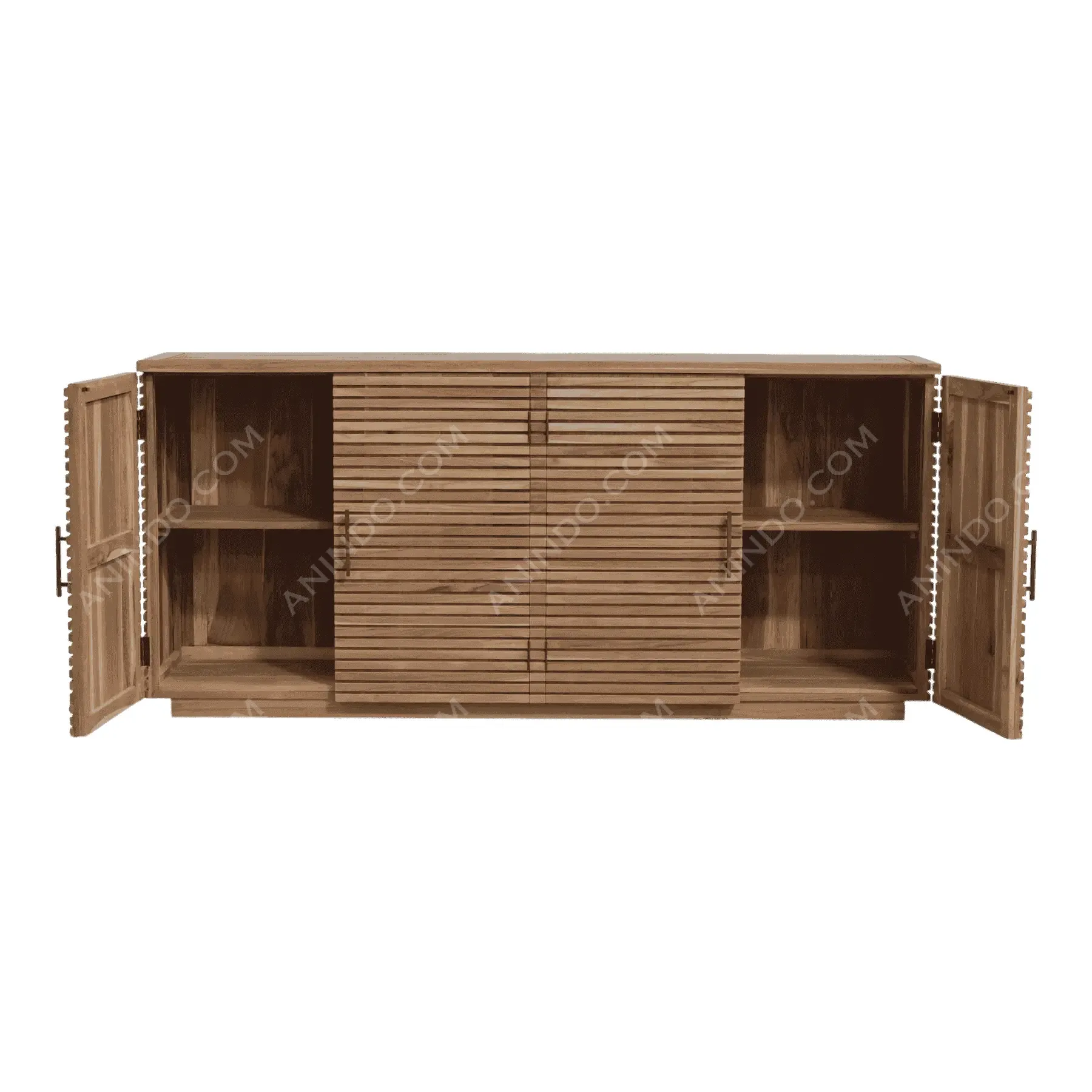 Wooden sideboard cabinet with open doors and shelves