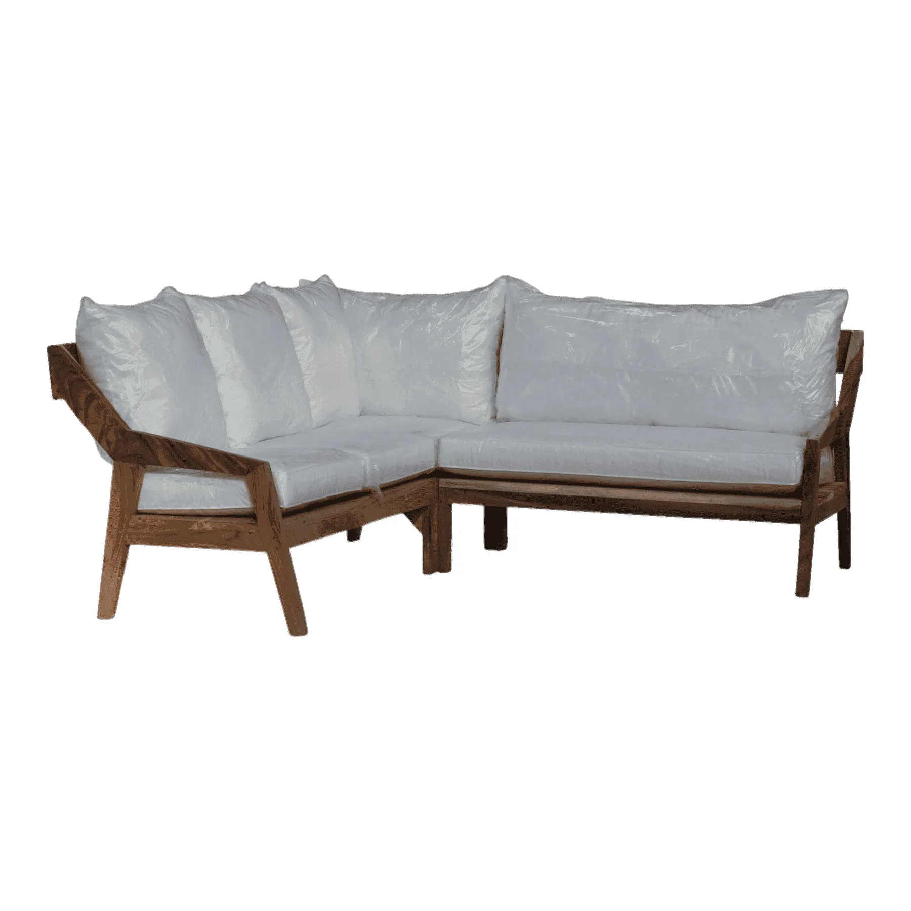 Wood frame sectional sofa with white cushions
