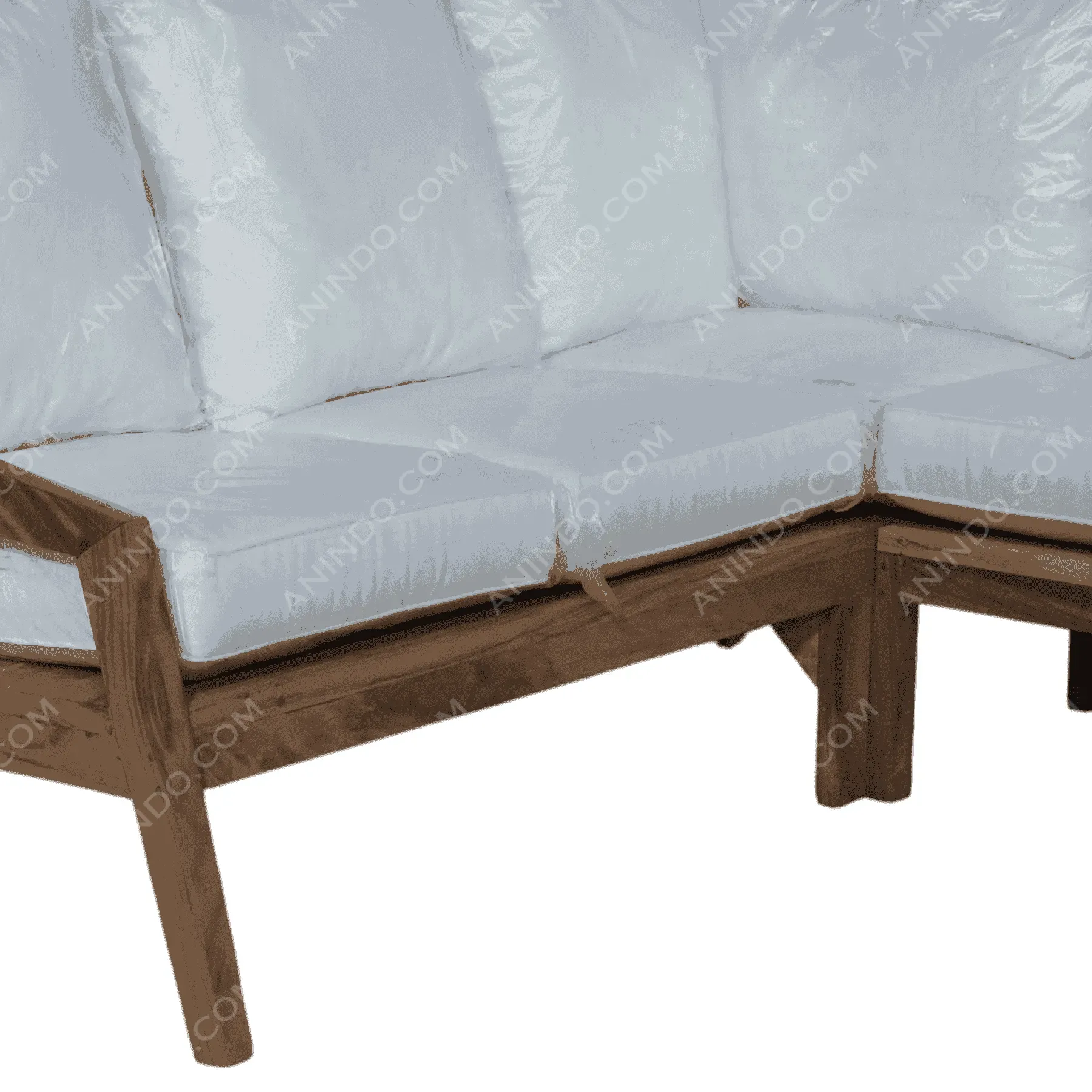 Wooden corner sofa with white cushions