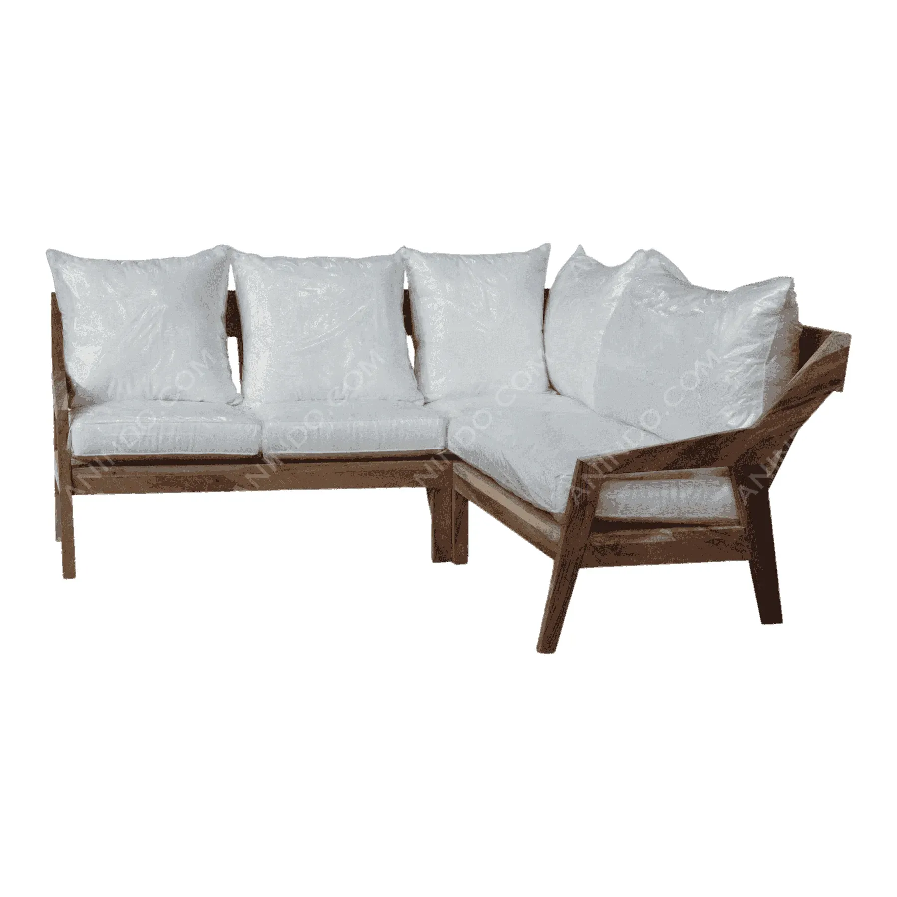 Modern wooden sectional sofa with white cushions