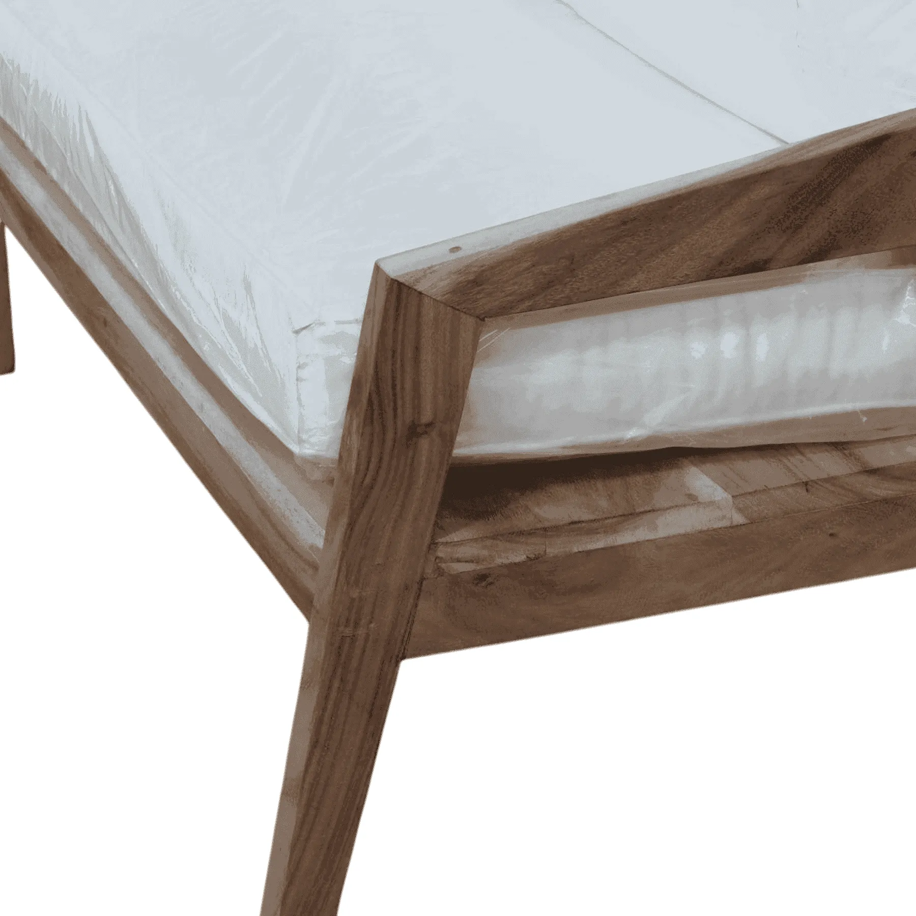 Modern wooden bed frame corner with mattress