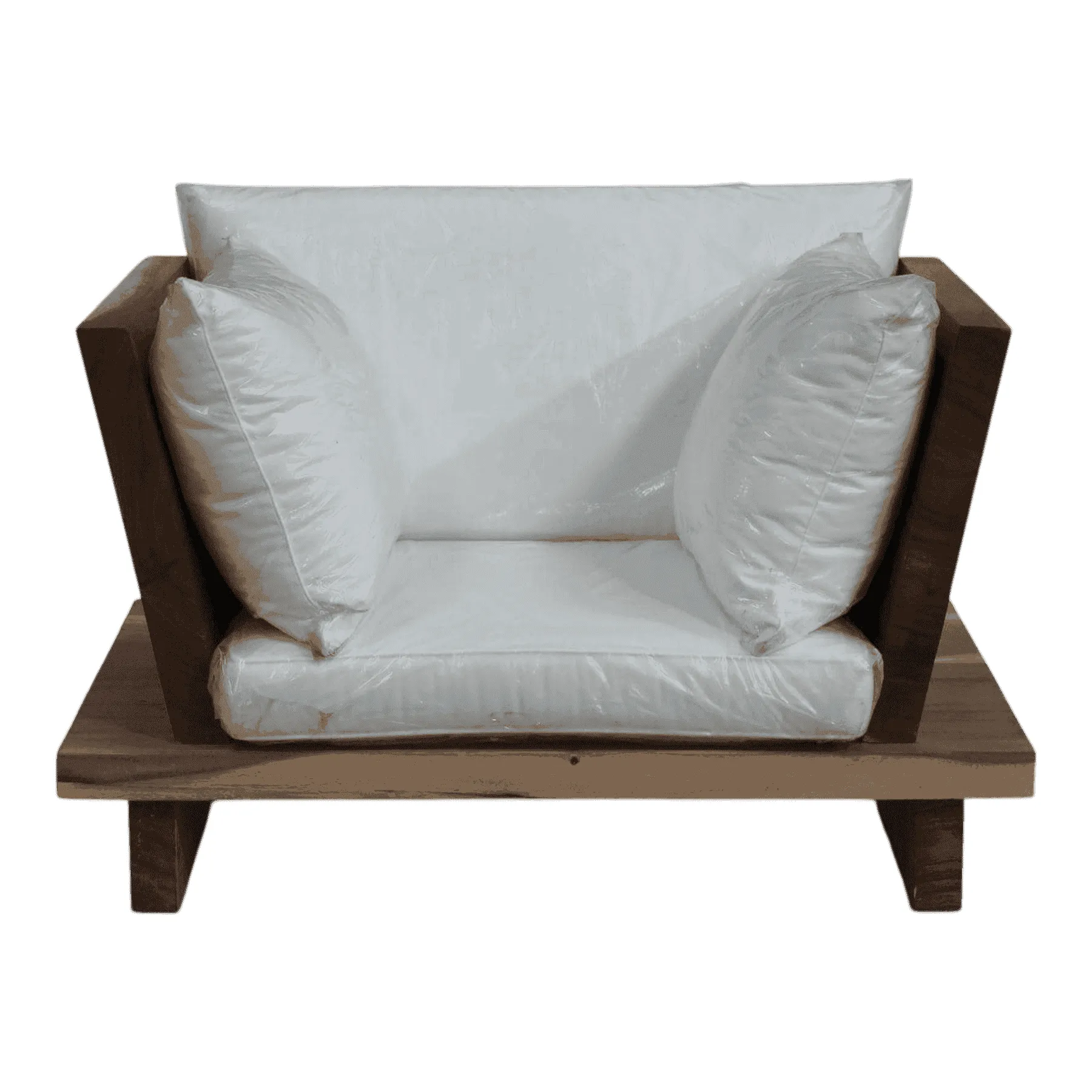 Modern wooden armchair with white cushions