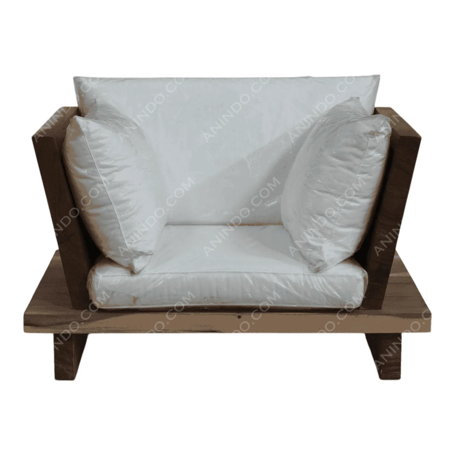 Modern wooden armchair with white cushions
