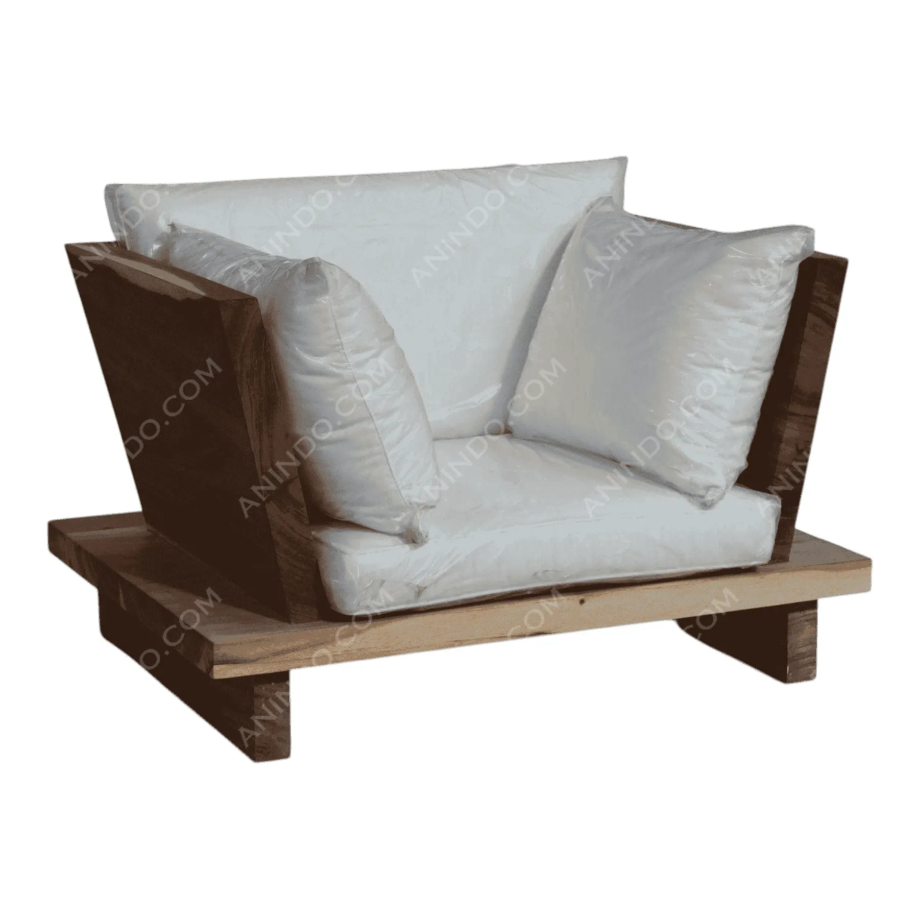 Modern wooden armchair with white cushions