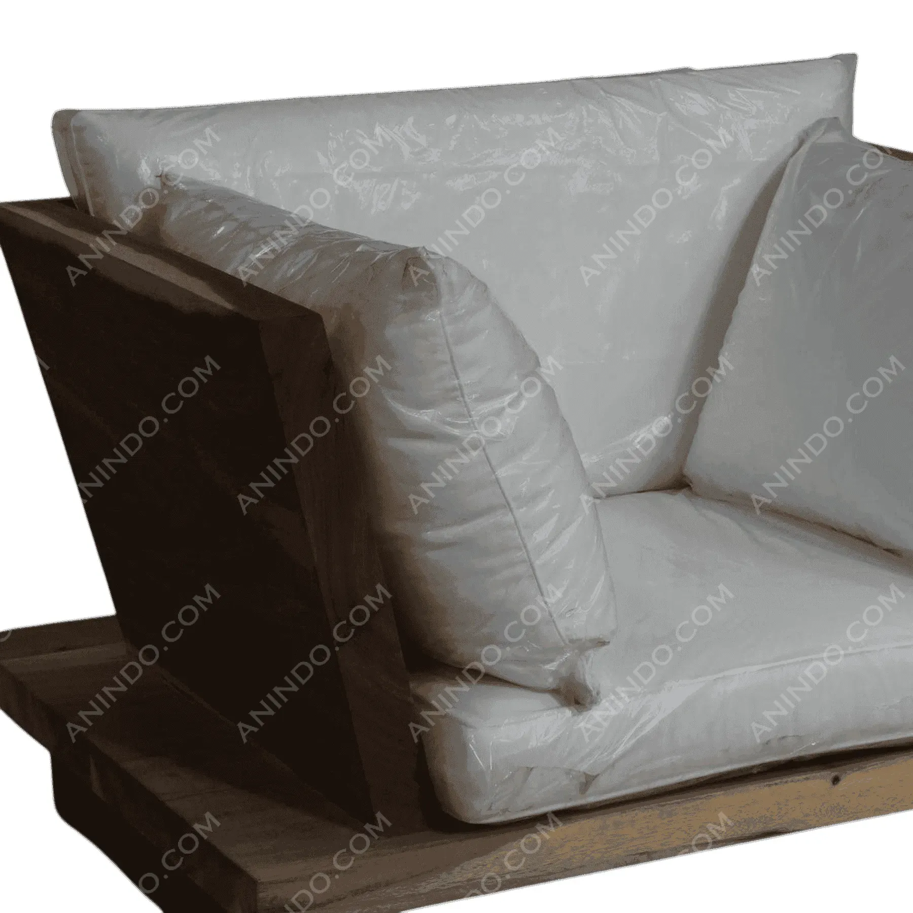 Modern wooden armchair with white cushions