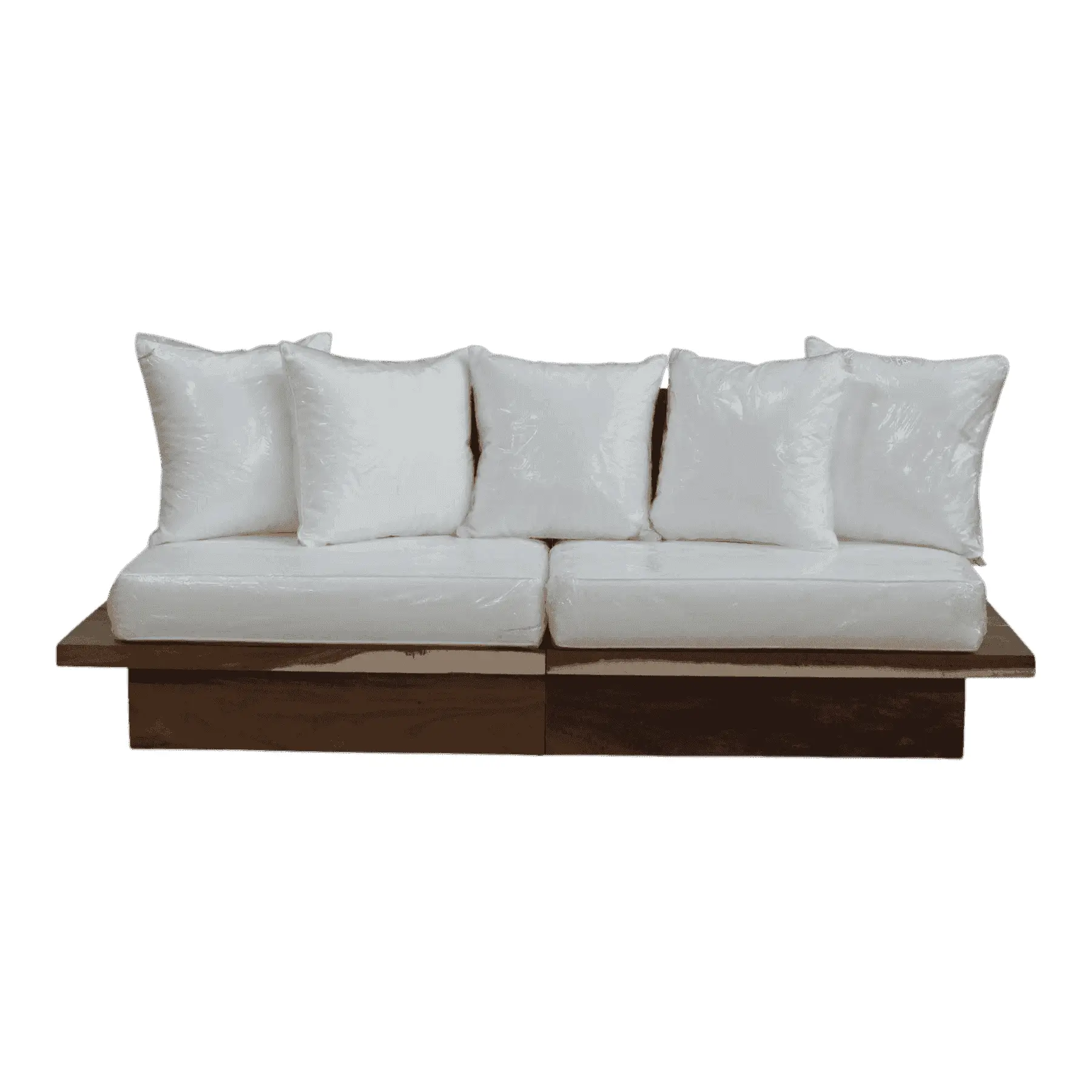 Modern wooden sofa with white cushions
