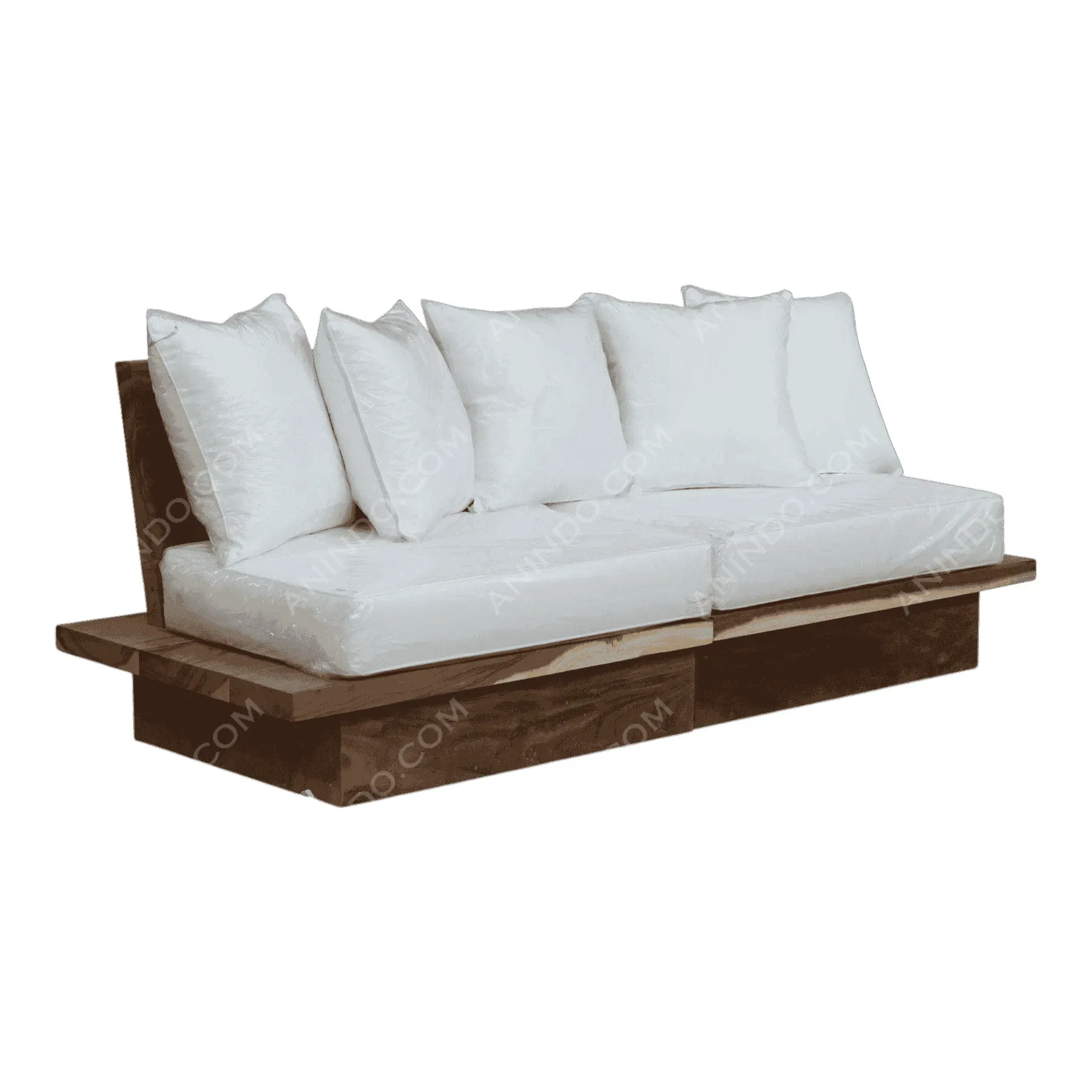 Modern wooden sofa with white cushions