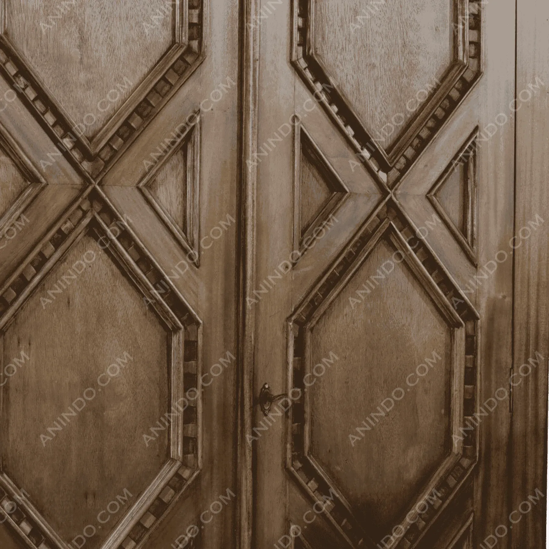 Vintage wooden door with geometric carved patterns