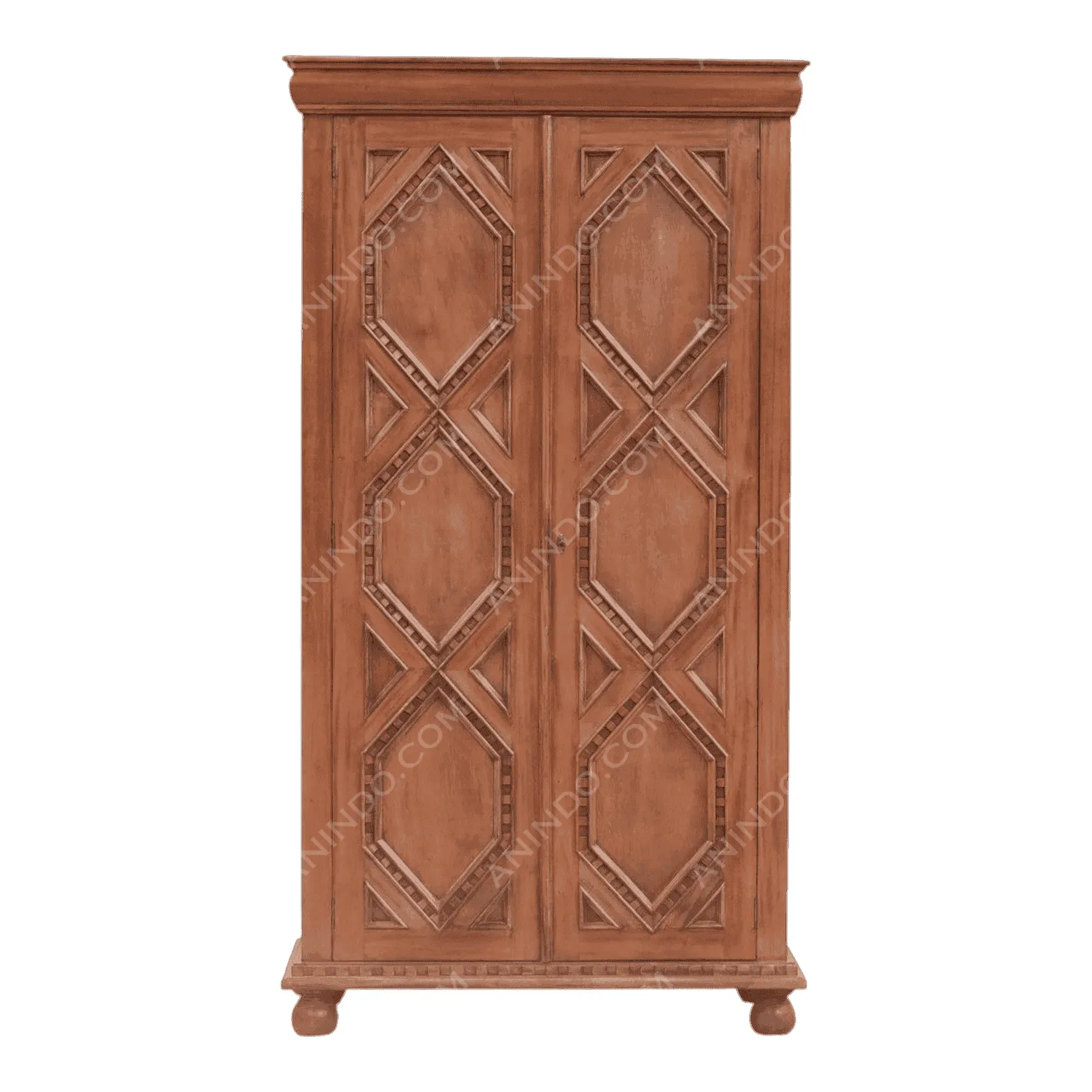 Vintage wooden wardrobe with carved geometric doors
