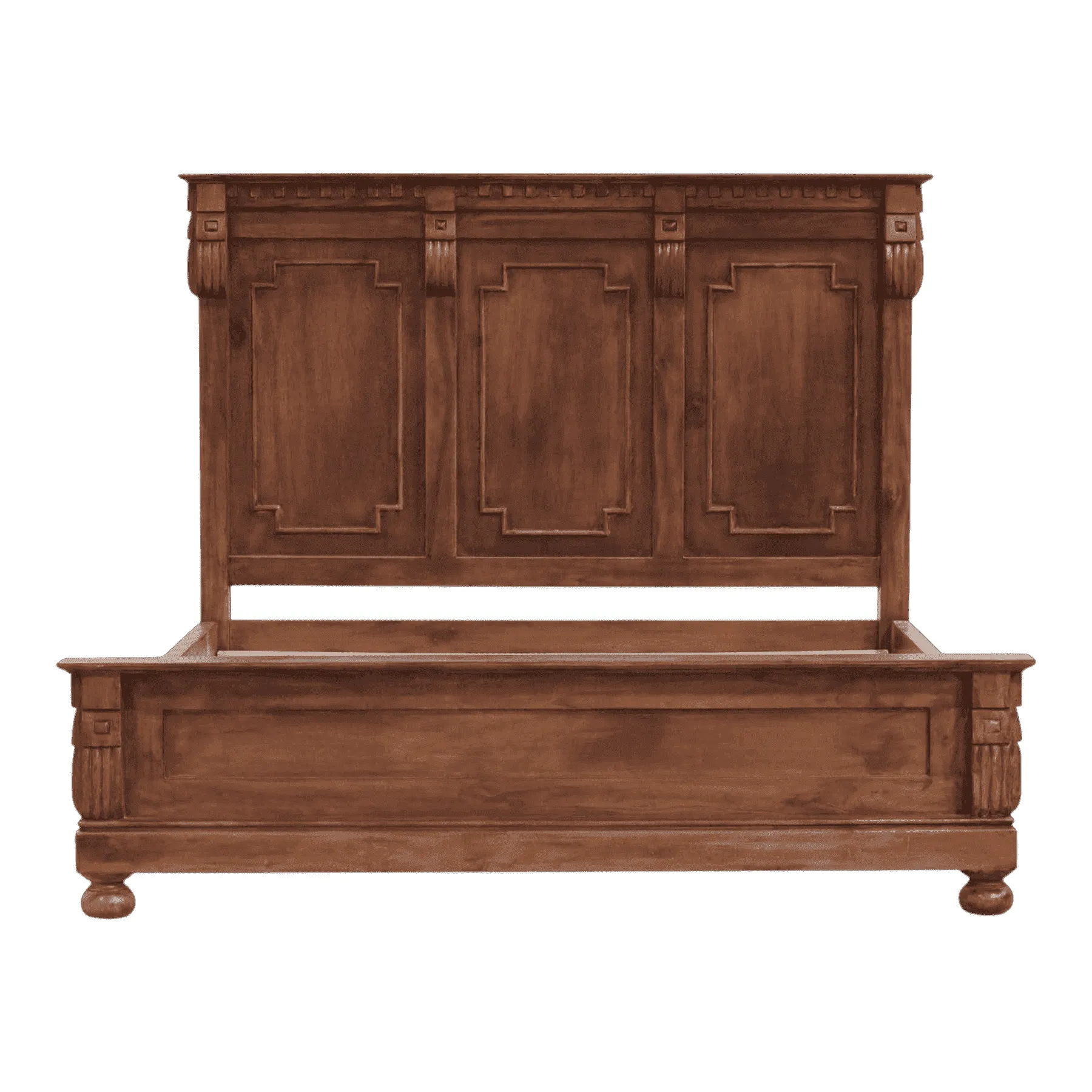 Wooden king bed frame with carved headboard