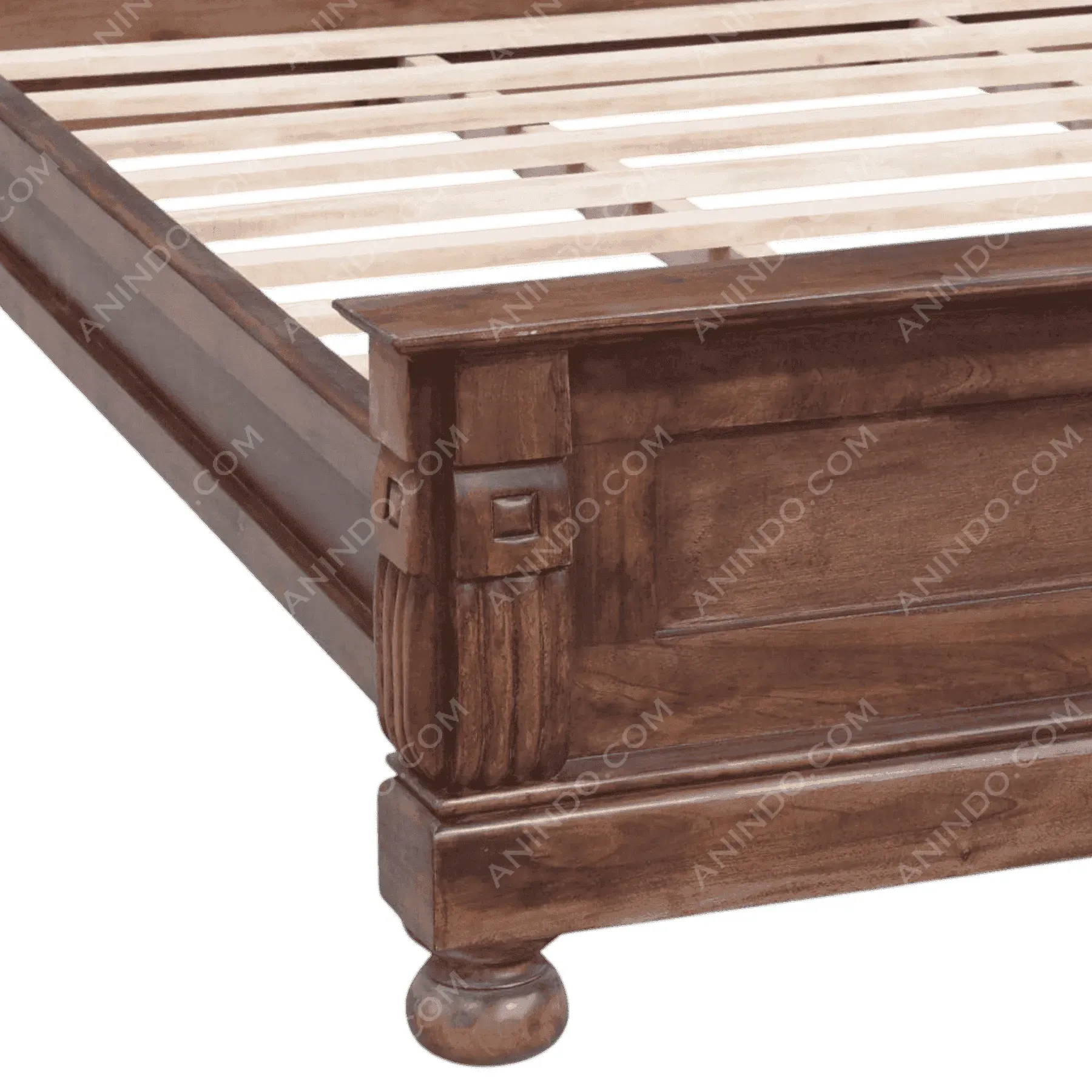 Solid wood bed frame corner close-up