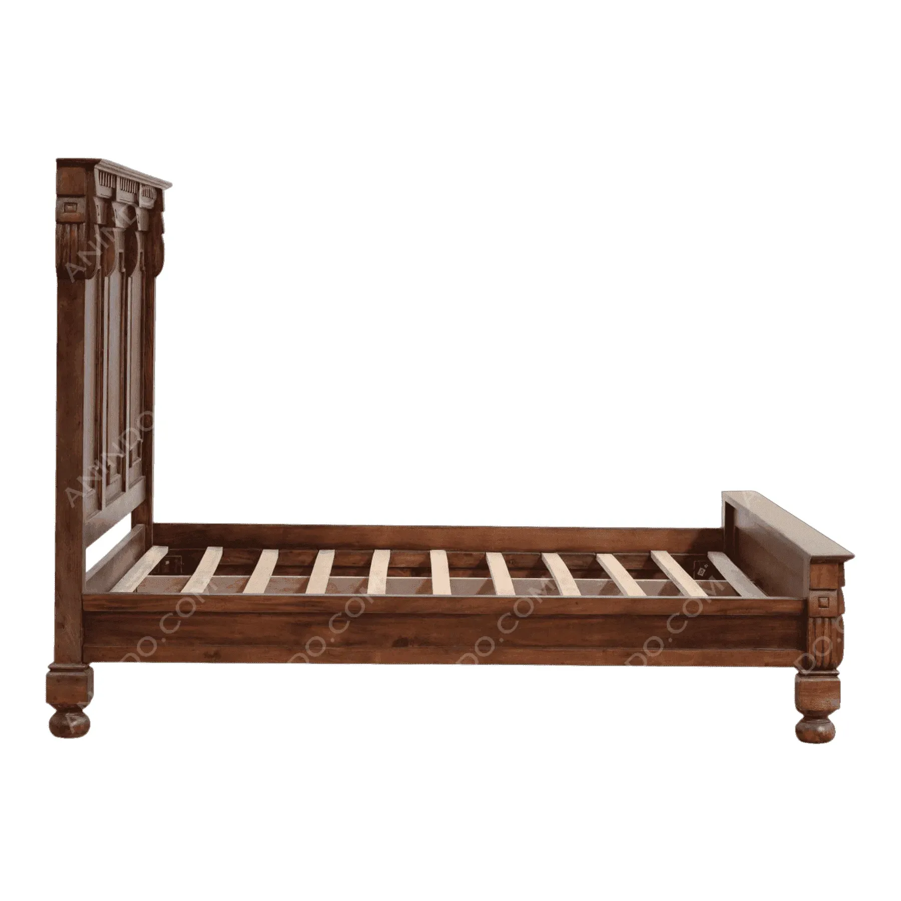 Wooden bed frame with carved headboard