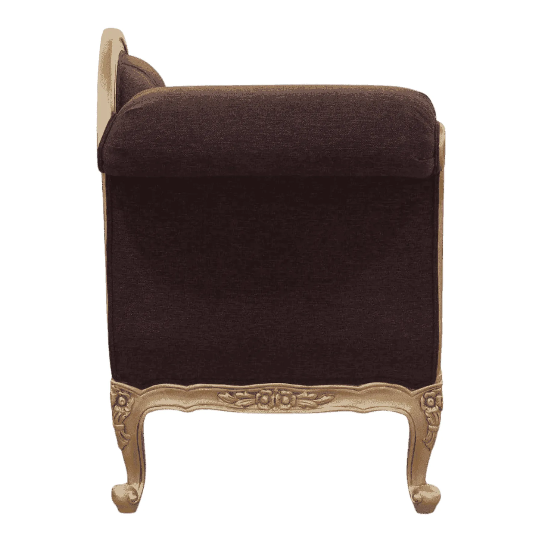 Brown upholstered armchair with ornate golden legs