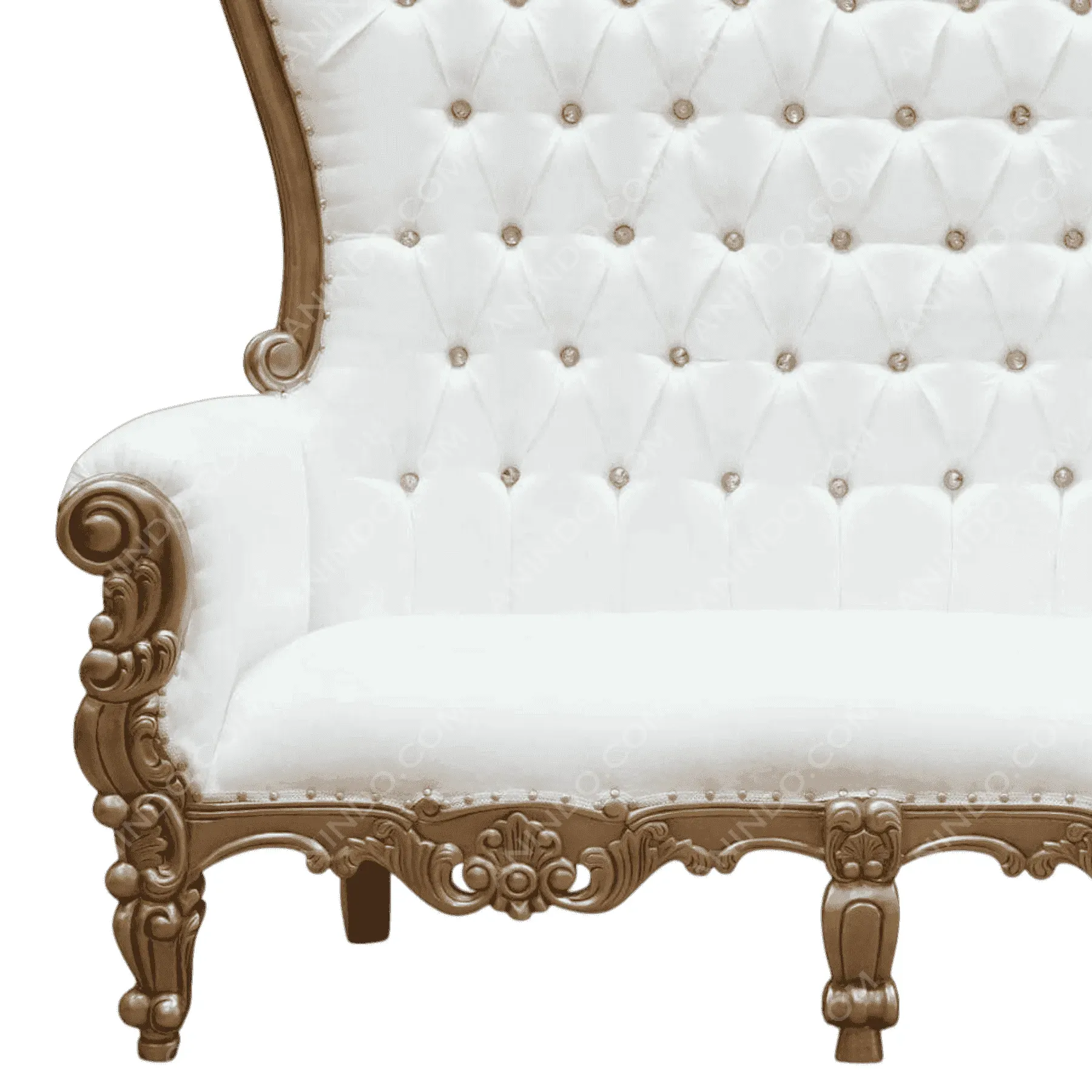 White tufted vintage sofa with gold wood frame