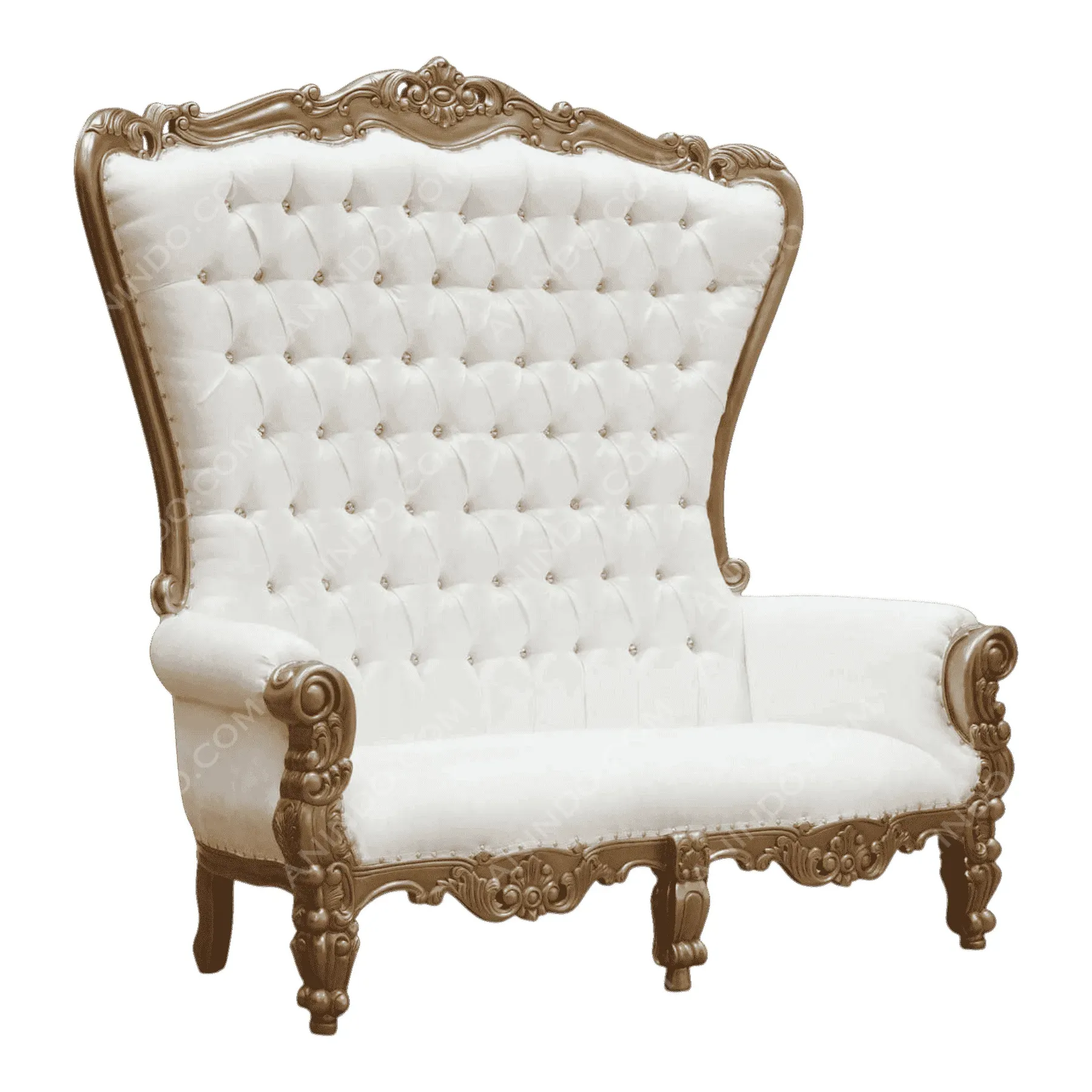 White tufted high back loveseat with ornate wood frame