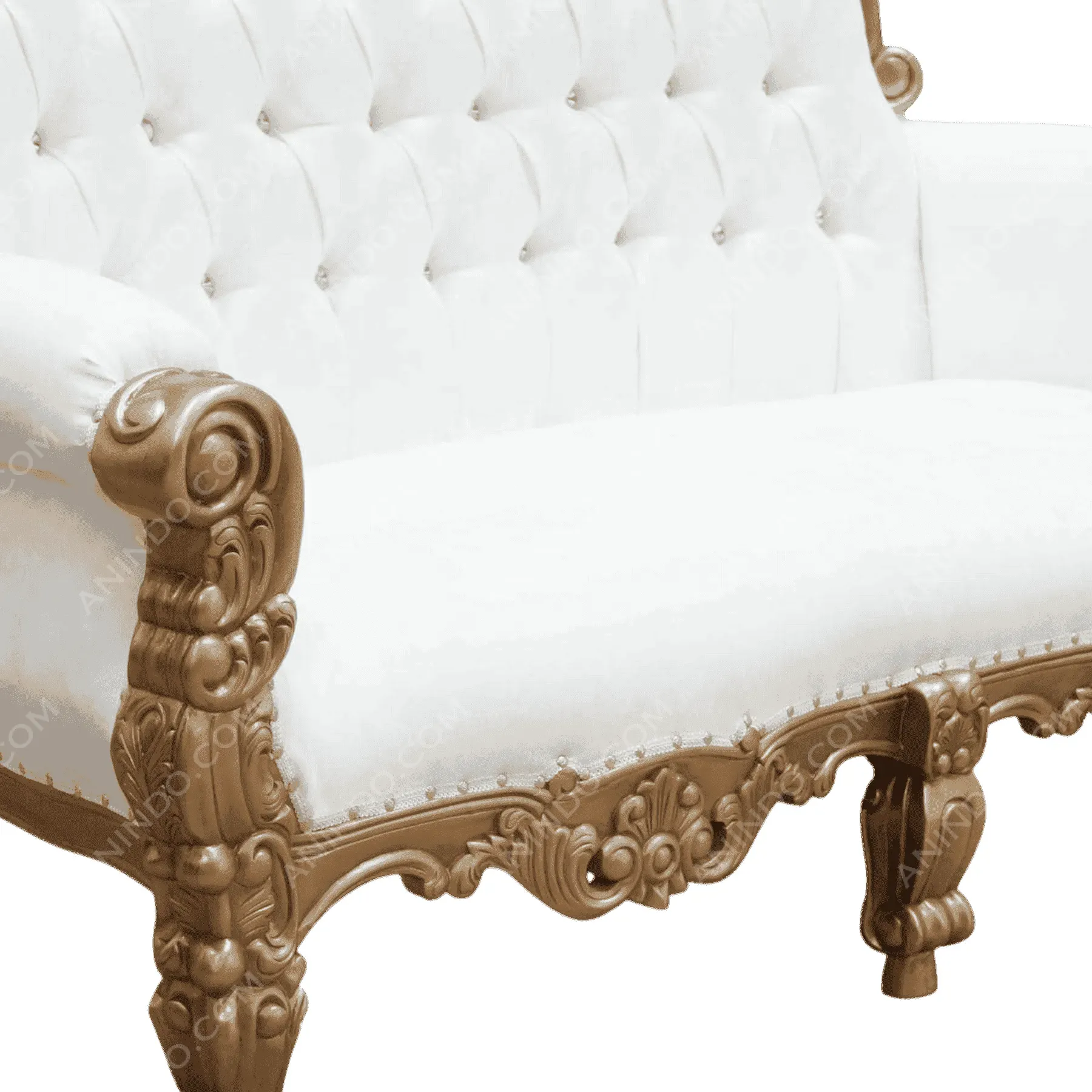 White tufted sofa with ornate gold wooden frame
