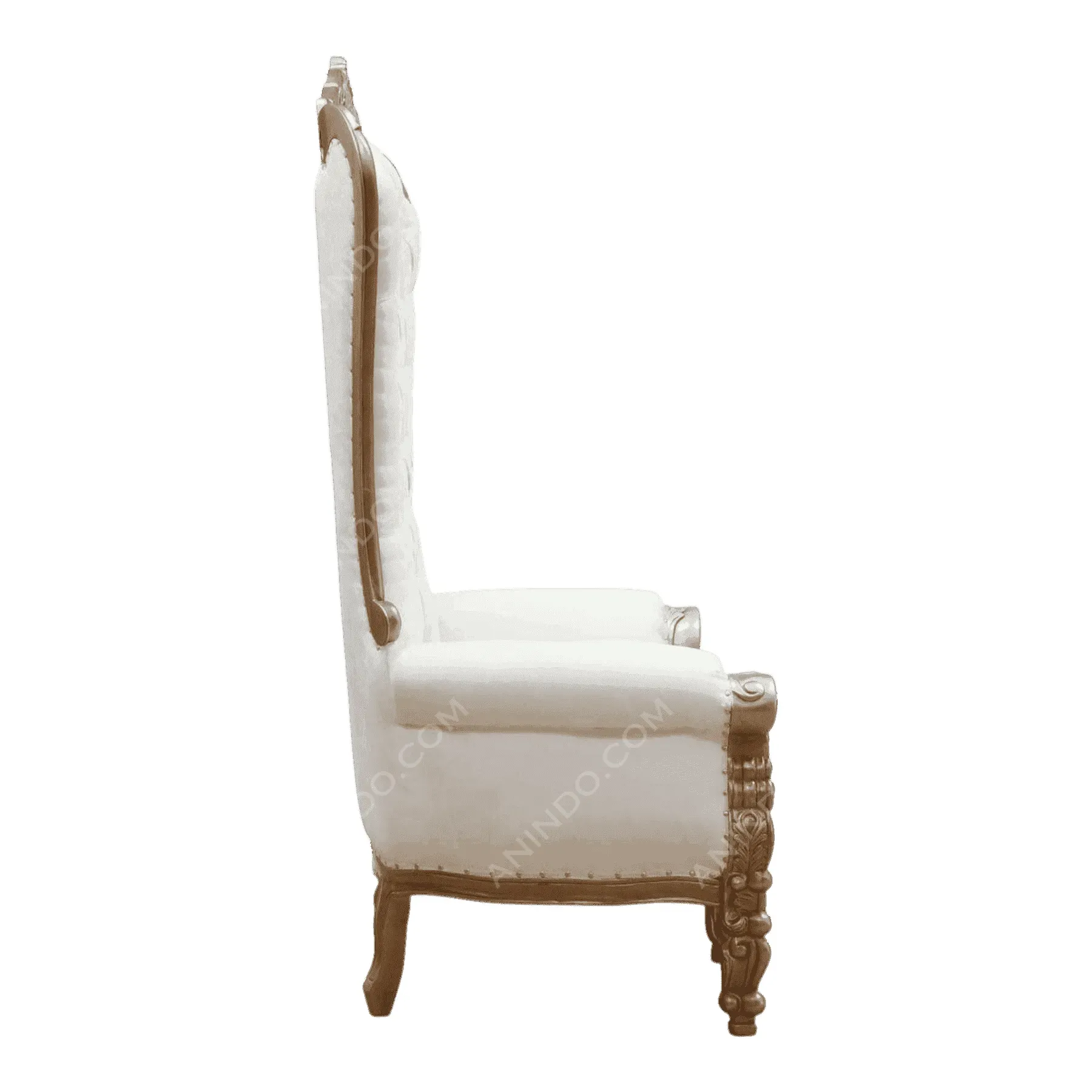 Elegant white upholstered wooden armchair side view