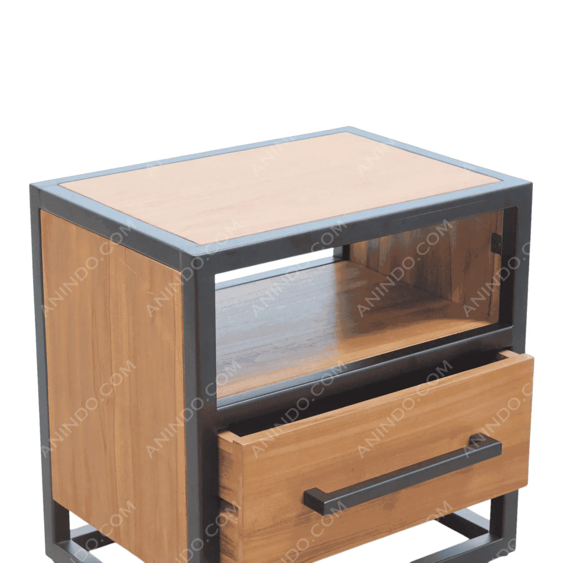 Modern wooden nightstand with metal frame and drawer