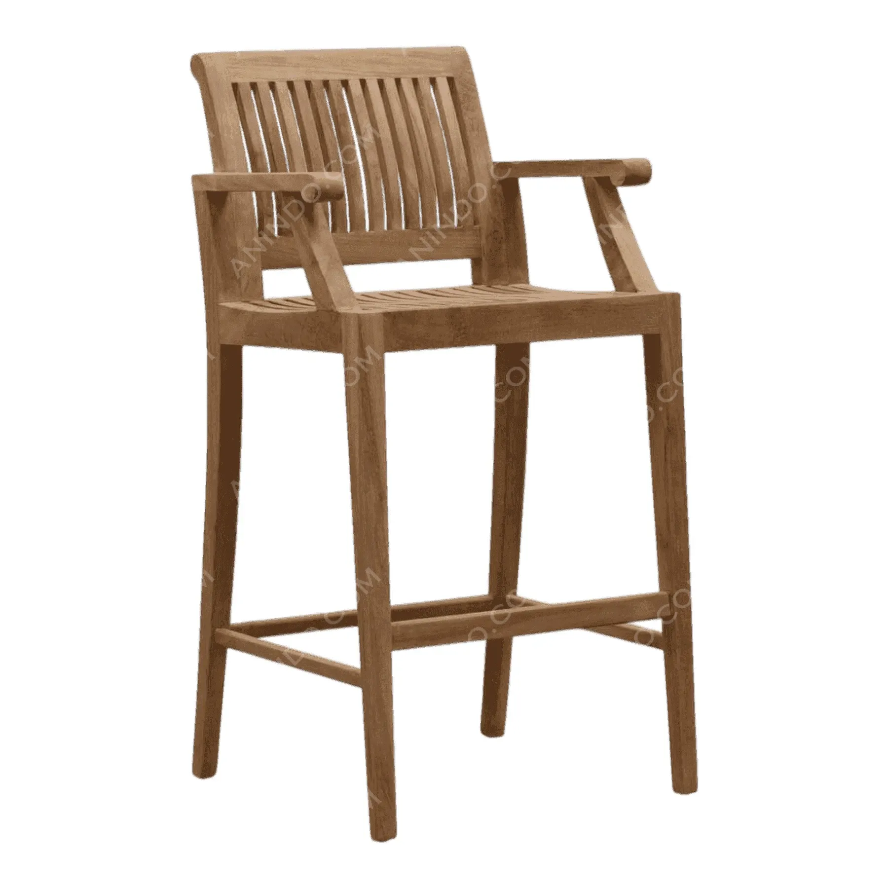 Wooden bar stool with armrests and slatted back
