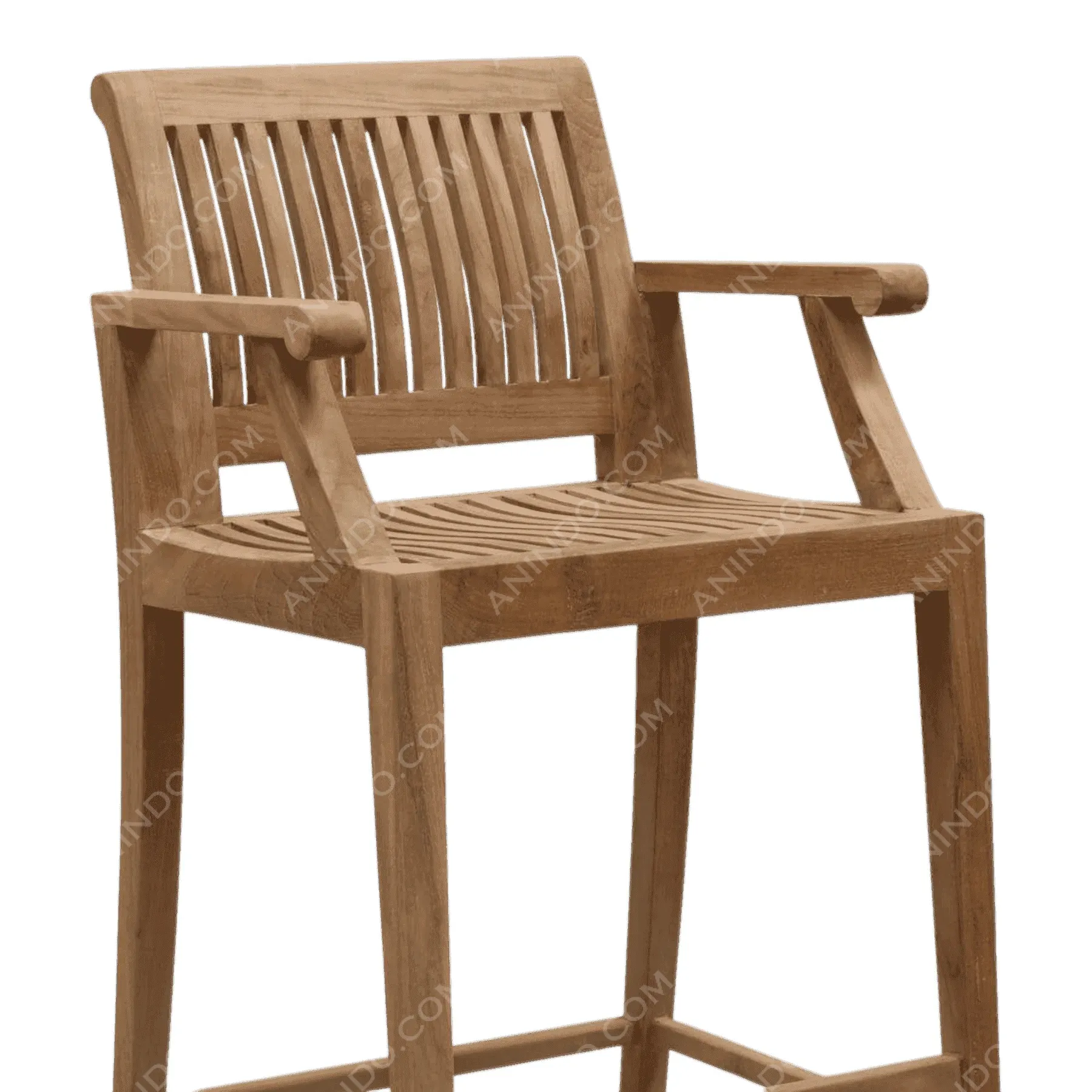 Wooden bar stool with armrests and slatted back