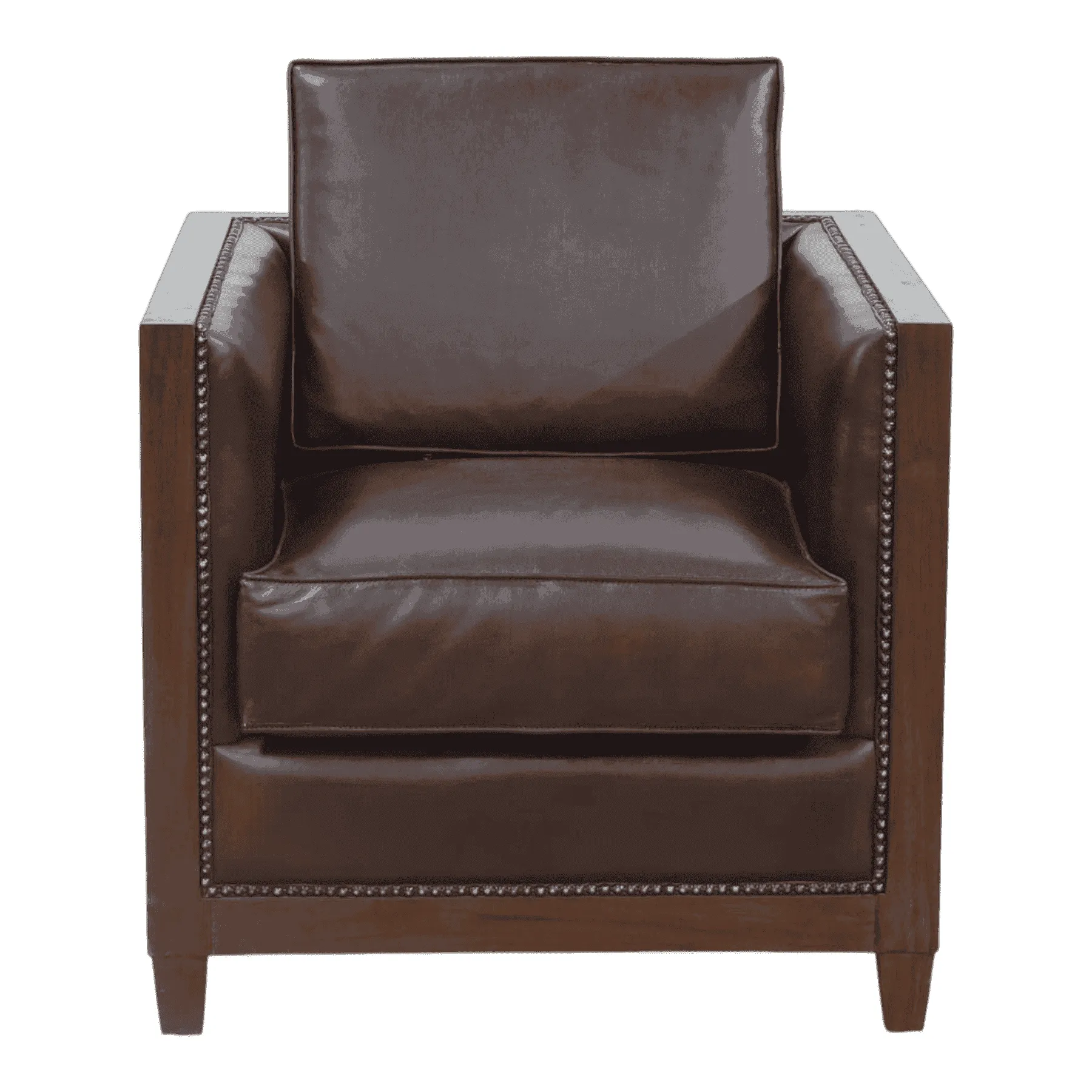 Brown leather armchair with wooden frame