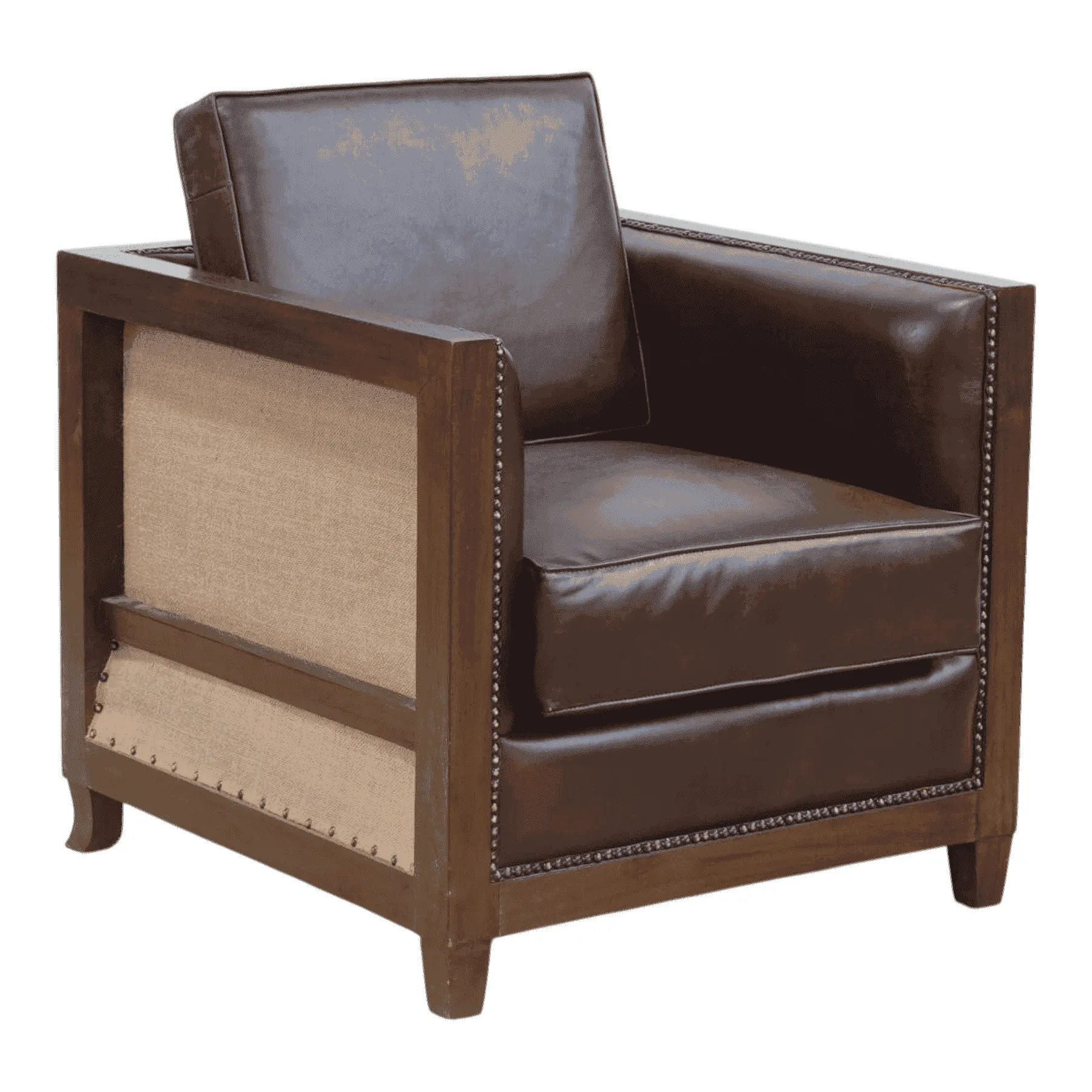 Brown leather armchair with wooden frame