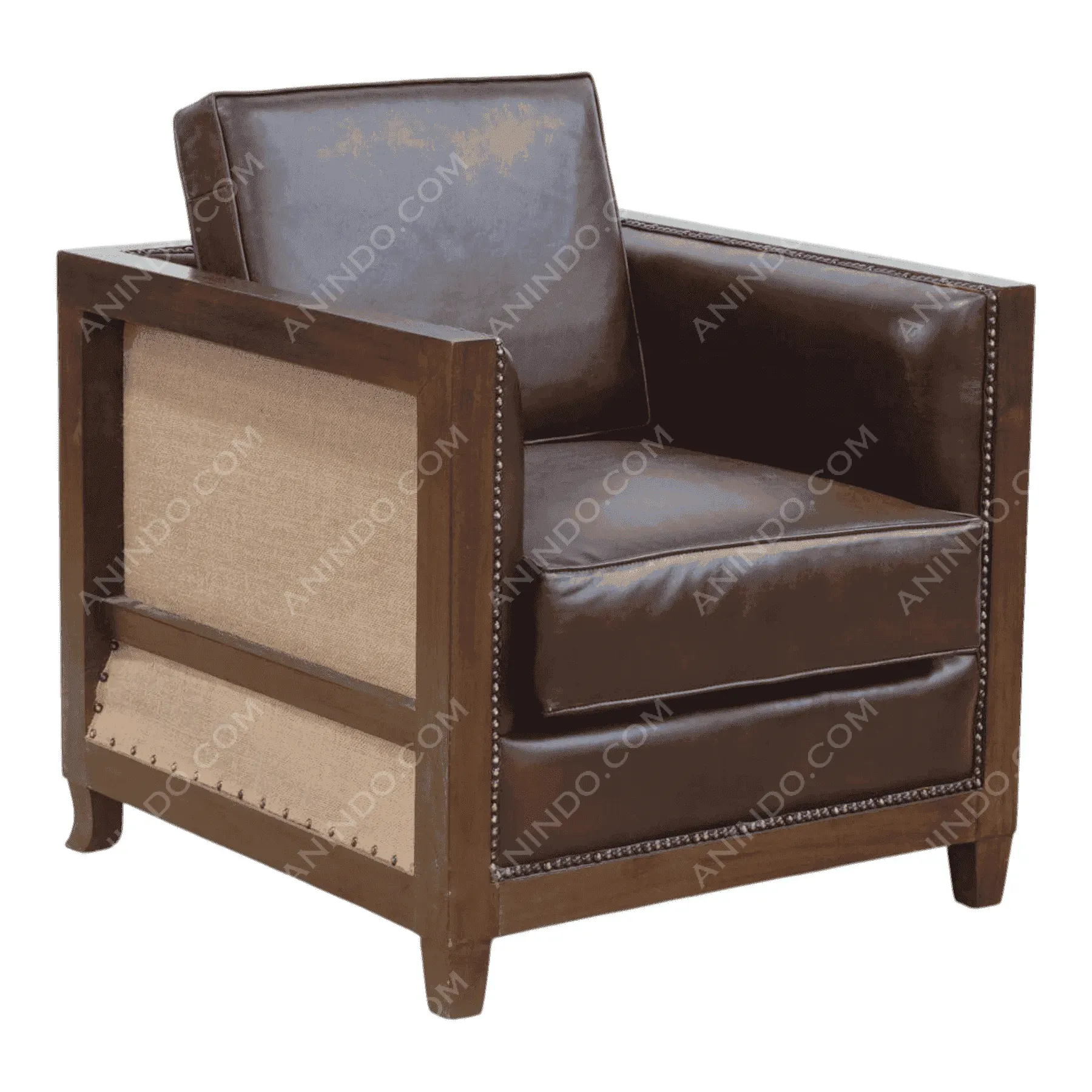 Brown leather armchair with wooden frame