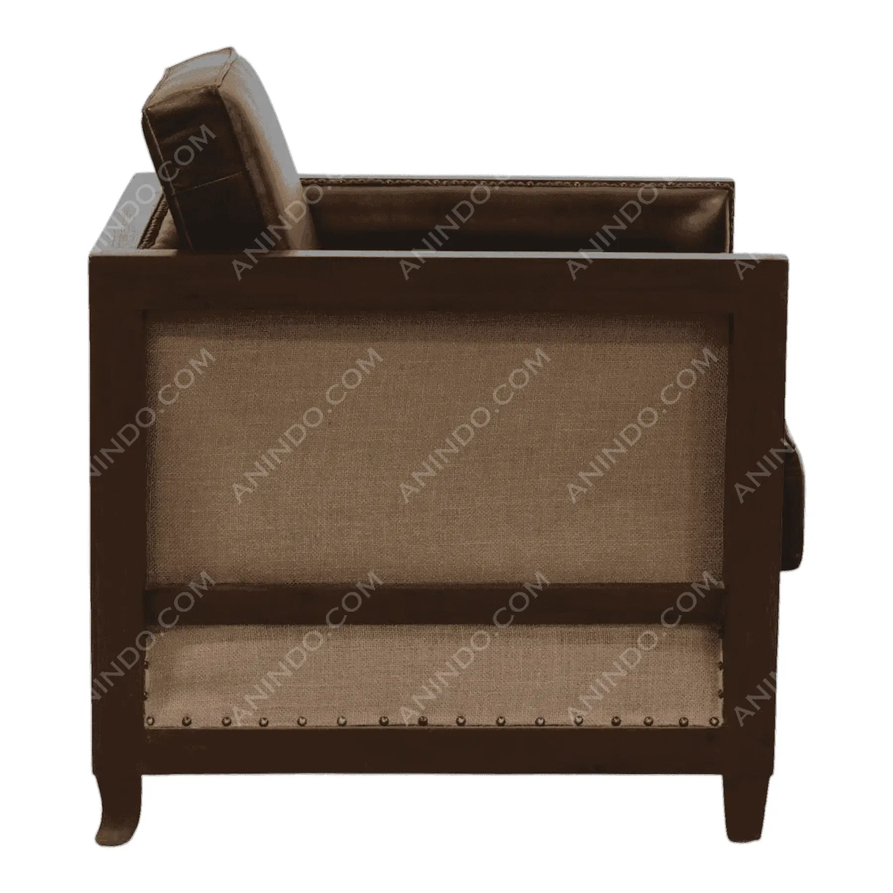 Side view of brown upholstered armchair